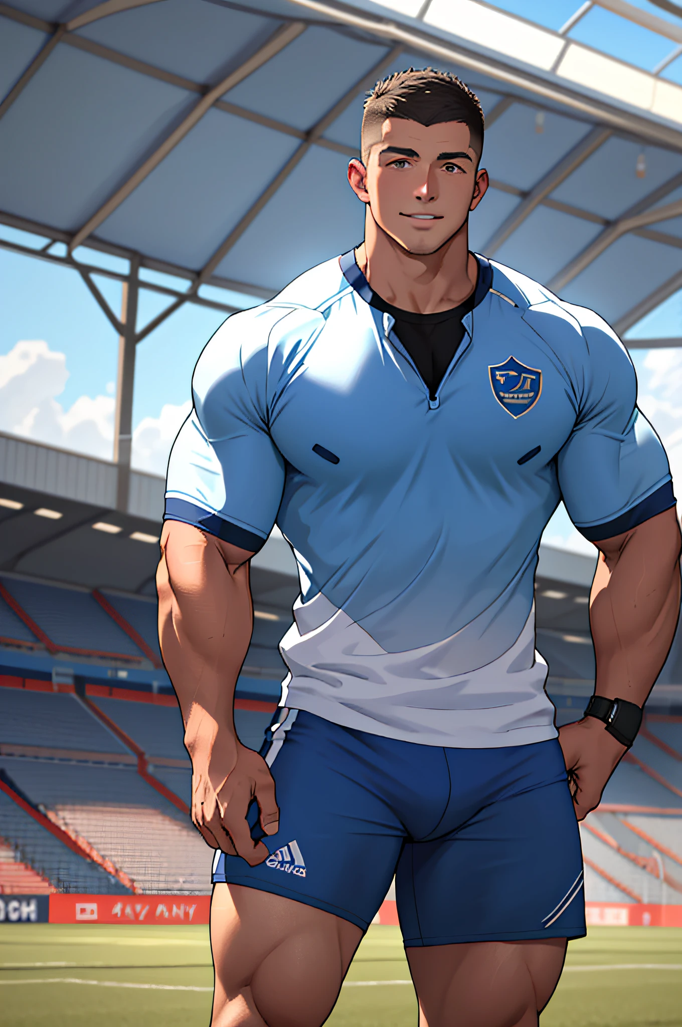 Draw a full-fledged athlete,Stand on the central field of the gym,He wears high-end sportswear,The man looks confident and determined,rays of sunshine,cheerful big breasts,Handsome,Crew cut,full bodyesbian,shooting from below,