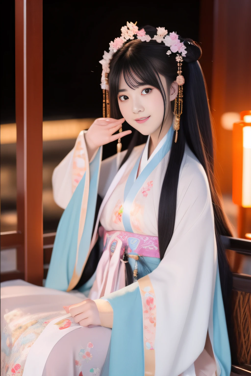 Full moon night，The Hanfu beauty sat down facing the camera，Turn the pages gracefully，Her delicate facial features reveal a perfect face。She has a beautiful and detailed appearance。。。。。。。。。。，Wearing Hanfu，The colorful colors make it even more dazzling。She has long hair and a shawl，Show charm。It is a real photo，Show off the figure and charm of the perfect woman。be on stage，She plays solo，With a charming smile on his face，The perfect display of Hanfu's charm。