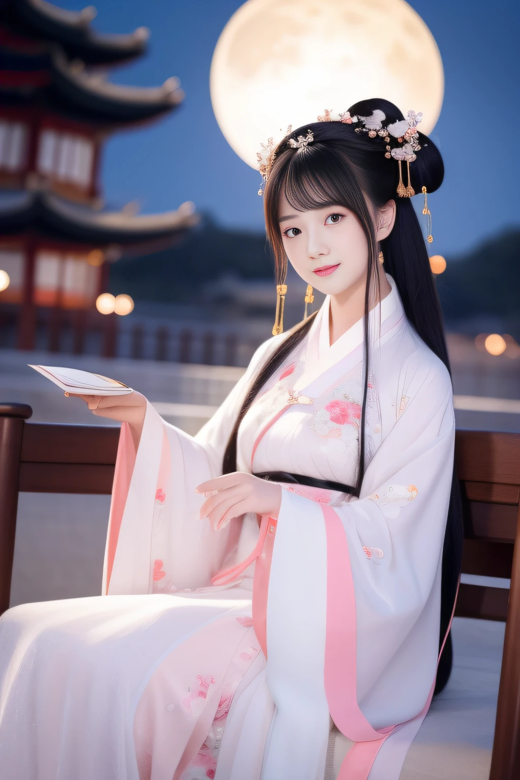 Full moon night，The Hanfu beauty sat down facing the camera，Turn the pages gracefully，Her delicate facial features reveal a perfect face。She has a beautiful and detailed appearance。。。。。。。。。。，Wearing Hanfu，The colorful colors make it even more dazzling。She has long hair and a shawl，Show charm。It is a real photo，Show off the figure and charm of the perfect woman。be on stage，She plays solo，With a charming smile on his face，The perfect display of Hanfu's charm。