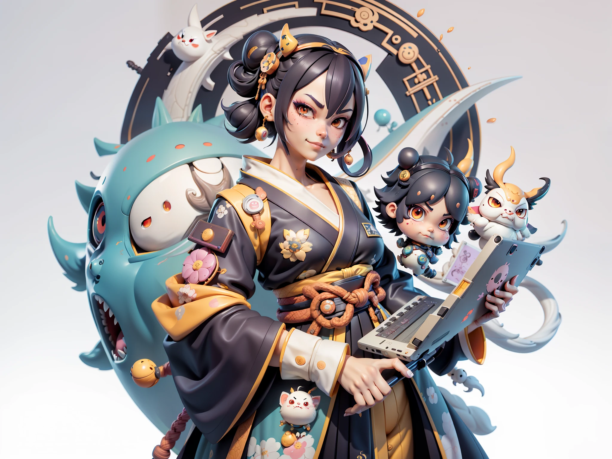(Daisaku),(Need),(Super meticulous),(full bodyesbian:1.2),Japanese ukiyo-e girl,japanese geisha,Beautiful,Oriental dragon,Aeolian Thor,Raised sexy,爆乳,Oriental face,TV Anchor,Bust portrait illustration,Alone,In black suit,a blue tie,The face is slightly chubby,The face was clean,without a beard,Black super short hair,Black eyes,Smile confidently,3C computer sub-products,iPad, iphone,Digital painting,3D character design by Mark Clairen and Pixar and Hayao Miyazaki and Akira Toriyama,The illustration is a high-definition illustration in 4K resolution,With very detailed facial features and cartoon-style visuals。