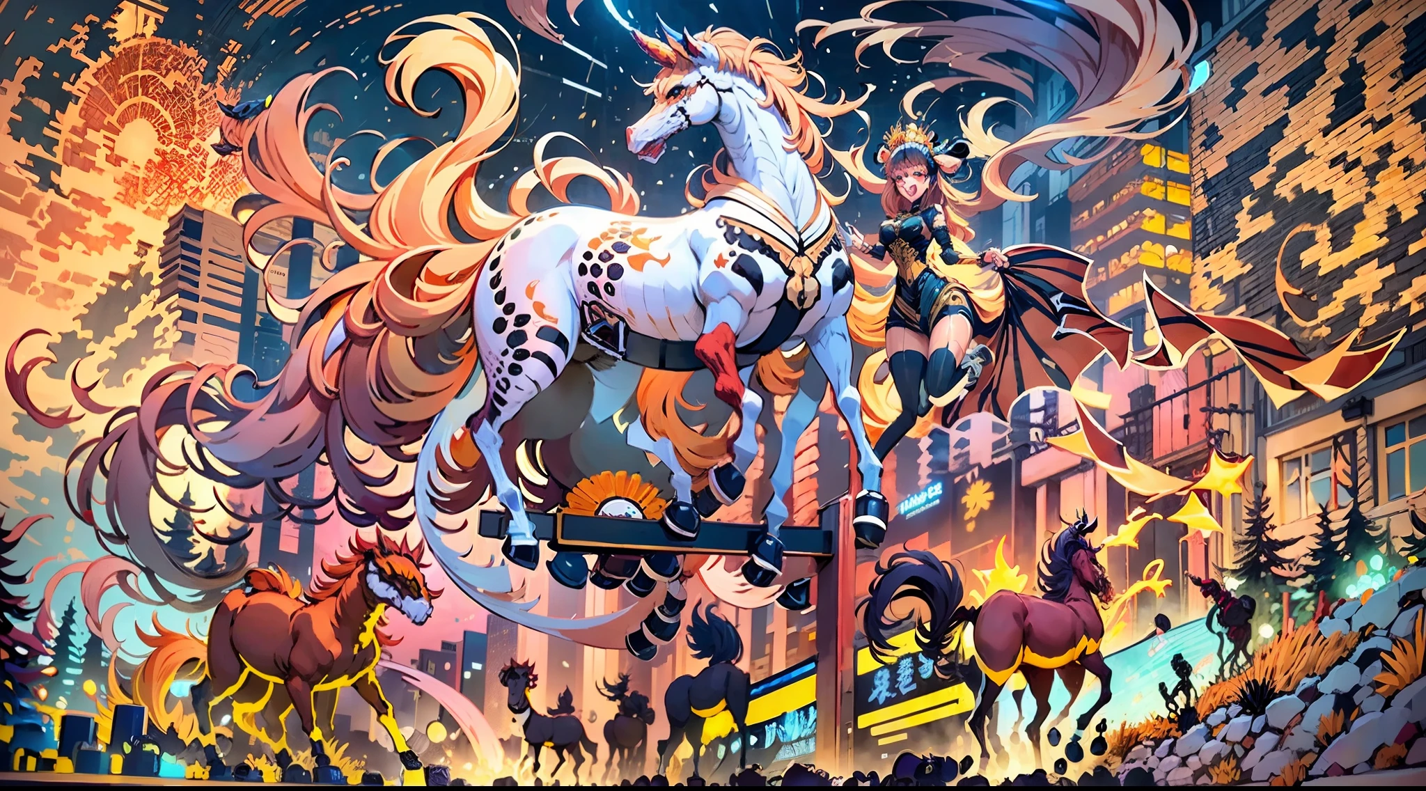 In the beautiful illustration of this super-grand scene，The ultra-long-range lens is shown（Eight unique centaur characters：9.9），They all have their own characteristics，Vivid and interesting。Radiant angelic centaurs from the heavenly realm，To the hellish centaurs surrounded by nightmarish flames，And then to the Wind Immortal Centaur dancing in the air，There are also one-horned centaurs surrounded by thunder and lightning，and mechanical centaurs that shine with metallic light，And then to the powerful dragon centaur with colored dragon scales covering the whole body，The elegant and agile elf centaur always wears a flower crown with its slender and graceful lines，Enchanting and charming Tiflin centaurs。Each character has their own unique charms and abilities。The illustration uses advanced artistic techniques and tools，（Divide the scene into sections by geometric arrangement：9.9），Each section corresponds to a centaur character，This makes more efficient use of space。Through Midjourney's advanced brush tools、Color palette、Material packs and model packs，Exquisite costumes and equipment are designed for each centaur，Enhances the character's personality and visual appeal。The scenery in the illustrations is stunning，There are changing skies、rainbowing、extreme light、Stars and Moon。Incorporating iconic landmarks such as Mount Everest，and fireworks、tranquil lake、Natural and urban elements of waves and neon lights，Creates a magical atmosphere。The centaurs showed off their skills and equipment in a variety of environments，This is true even in extreme alien landscapes。（Use Midjourney's tools、Material packs、Texture tools、The color palette makes depicting details vivid and realistic：9.9），From intricate hairstyles and clothing to authentic textures，Enhances the realism of the characters and surroundings。The fusion of multiple art styles adds movement to the centaur's movement at all angles，The overall visual experience is further enriched。The final illustration was described as a "mast