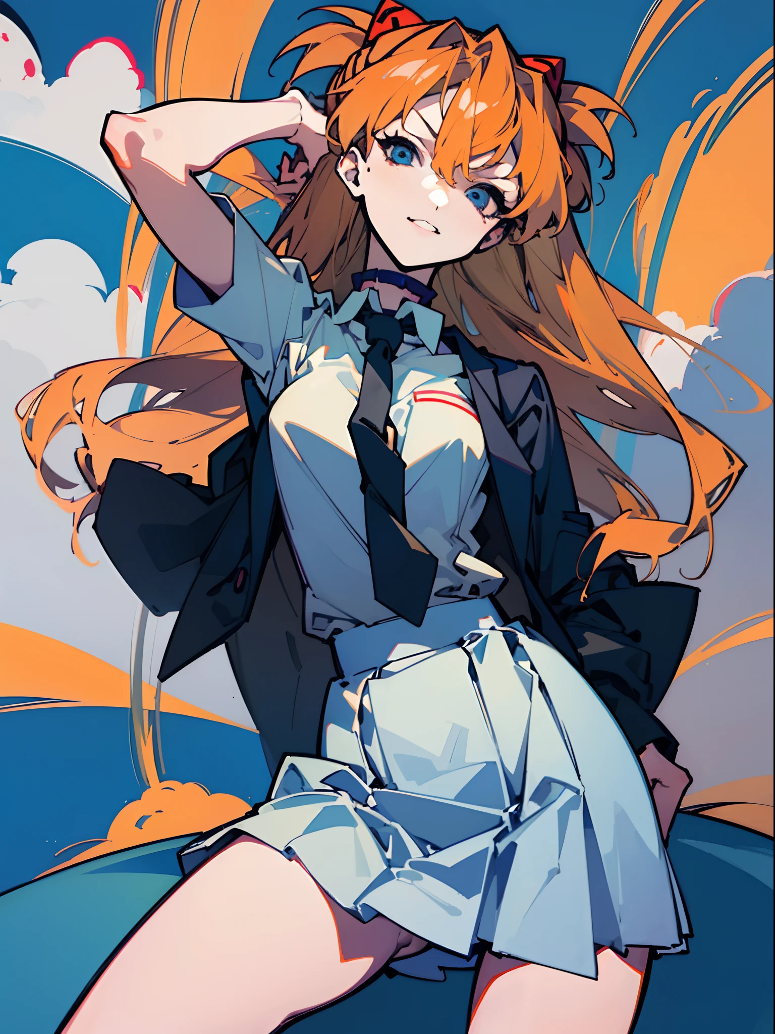 (top-quality、masterpiece:1.2), 1girl in、Beautiful fece、Shikinami Asuka Langley, ((white shirt、Black tie、pleatedskirt、student clothes)), ((blue open sky、white clouds)), One hand is on his hip, llong orange hair、blue eyess, ((Vicious look、Vulgar smile)), elegent、enticing、A sexy、Beautiful and well-groomed face、beautidful eyes、beautiful hairl、slick skin、Beautiful mouth、smooth legs、Balanced body、