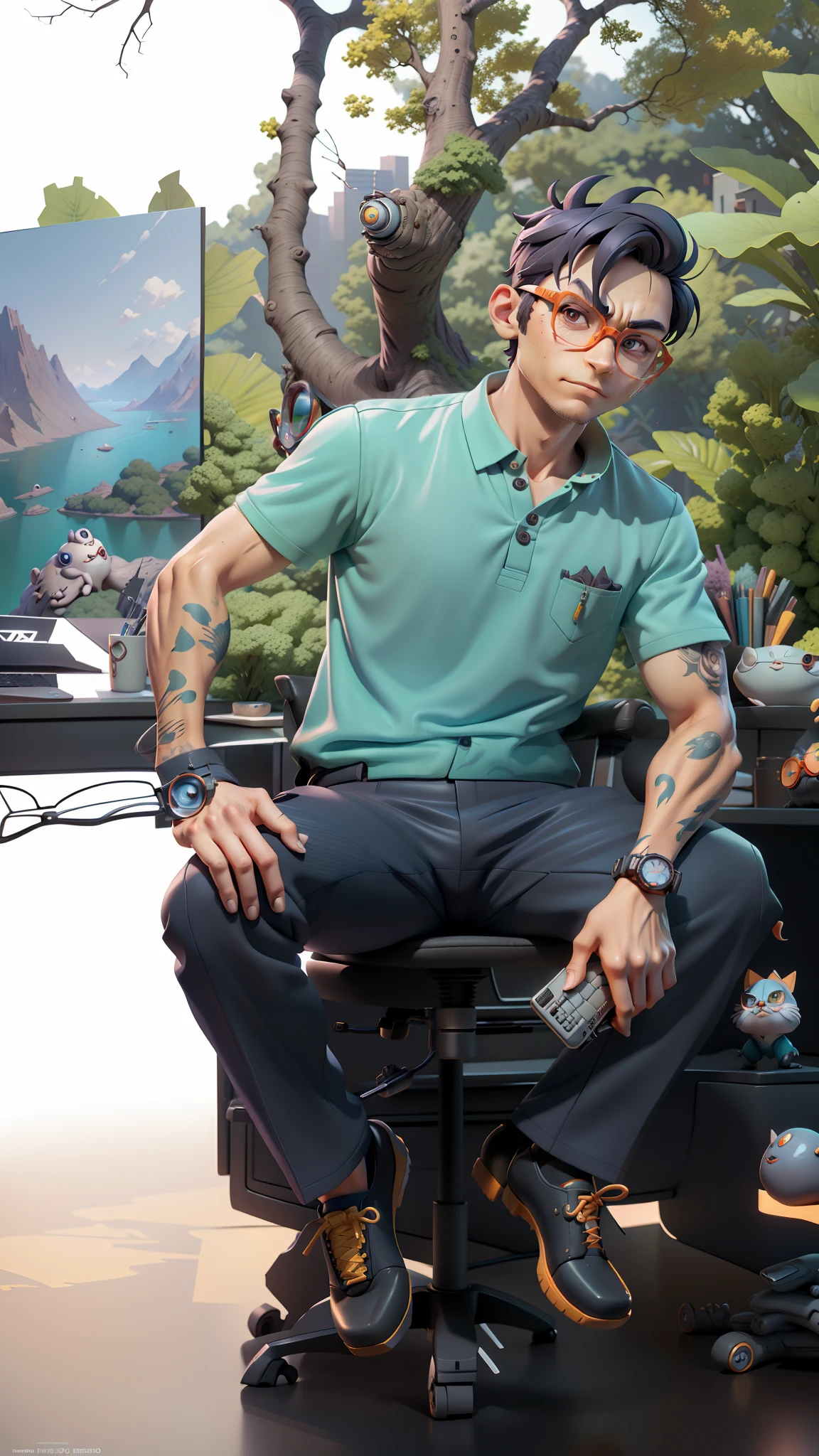 A young man in a suit, Short hair and glasses sat at his desk，holding laptop，digitial painting，tigre，3D character design by Mark Clairen and Pixar and Hayao Miyazaki and Akira Toriyama，4K HD illustration，Very detailed facial features and cartoon-style visuals。