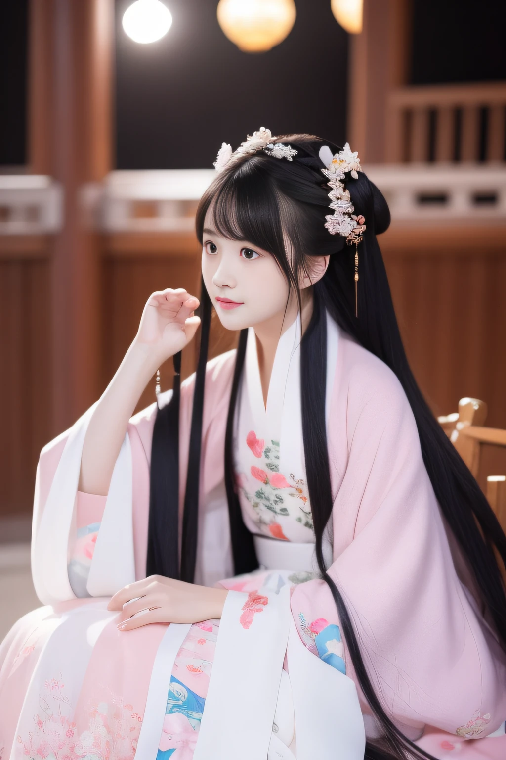 Full moon night，The Hanfu beauty sat down facing the camera，Turn the pages gracefully，Her delicate facial features reveal a perfect face。She has a beautiful and detailed appearance。。。。。。。。。。，Wearing Hanfu，The colorful colors make it even more dazzling。She has long hair and a shawl，Show charm。It is a real photo，Show off the figure and charm of the perfect woman。be on stage，She plays solo，With a charming smile on his face，The perfect display of Hanfu's charm。