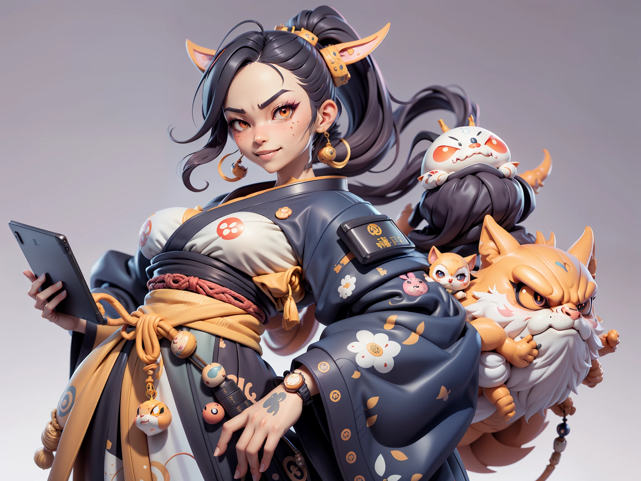 (Daisaku),(Need),(Super meticulous),(full bodyesbian:1.2),Japanese ukiyo-e girl,japanese geisha,Beautiful,Oriental dragon,Aeolian Thor,Raised sexy,爆乳,Oriental face,TV Anchor,Bust portrait illustration,Alone,In black suit,a blue tie,The face is slightly chubby,The face was clean,without a beard,Black super short hair,Black eyes,Smile confidently,3C computer sub-products,iPad, iphone,Digital painting,3D character design by Mark Clairen and Pixar and Hayao Miyazaki and Akira Toriyama,The illustration is a high-definition illustration in 4K resolution,With very detailed facial features and cartoon-style visuals。