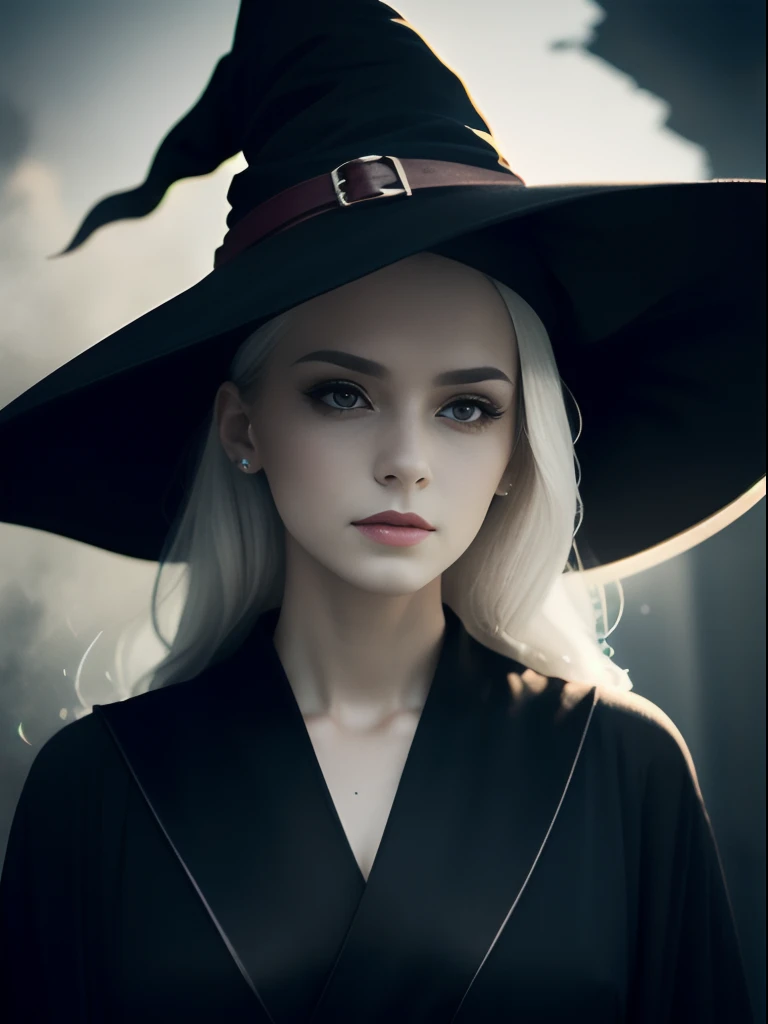 RAW photo, solo person, The skin is not visible, Full body photo of a 60-year-old woman, witch, Sexy beauty with round cheeks, Realistic Facial Expression, Light red eyes, Pale skin, Wavy white hair, Long hair, Witch hat, White skin, Slender body, He wears a black robe，Richly decorated, Confident expression, (glowworm, Glowing particles, Ethereal mist, Faint darkness), High saturation, Film light, rim-light, Best shadows, Point here, The background is the ruins of the city, (Very detailed skin: 1.2), 8K  UHD, Digital SLR, Soft lighting, High quality, Film particles, Fujifilm XT3