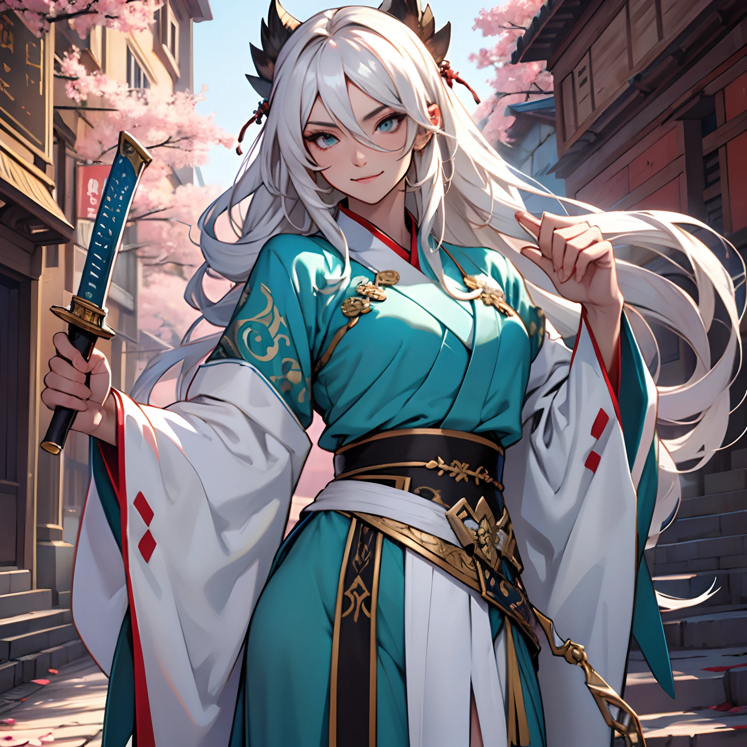 Uma mulher, (mulher), usa Hanfu cinza-claro, bonito, sorriso indiferente, cabelo branco longo, seios grandes, voluptuosa, Hanfu, antigo, muito sexy, atraente, dama de gelo, standingn, corpo inteiro, showing off holding the hilt of a stylish white sword with his right hand, Near the entrance of the Glacial Deity sect.