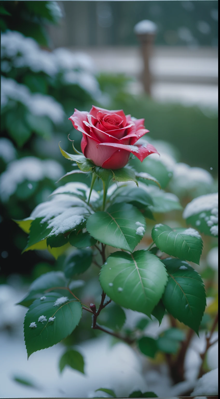 Red roses grow in the bushes, The leaves and petals were covered with dust and snowflakes,shot with a canon 35mm lens, photo of a rose, taken with a pentax k1000, Shot with Pentax 1000, Two 5mm ports, Photographed in Kodak Portera, rose twining, Red rose, 35mm shot