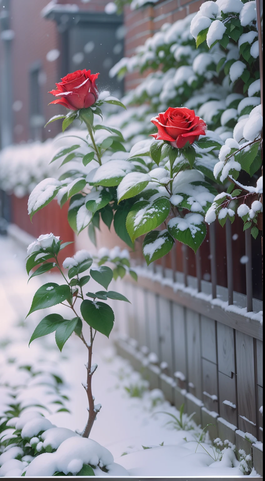 Red roses grow in the bushes, The leaves and petals were covered with dust and snowflakes,shot with a canon 35mm lens, photo of a rose, taken with a pentax k1000, Shot with Pentax 1000, Two 5mm ports, Photographed in Kodak Portera, rose twining, Red rose, 35mm shot