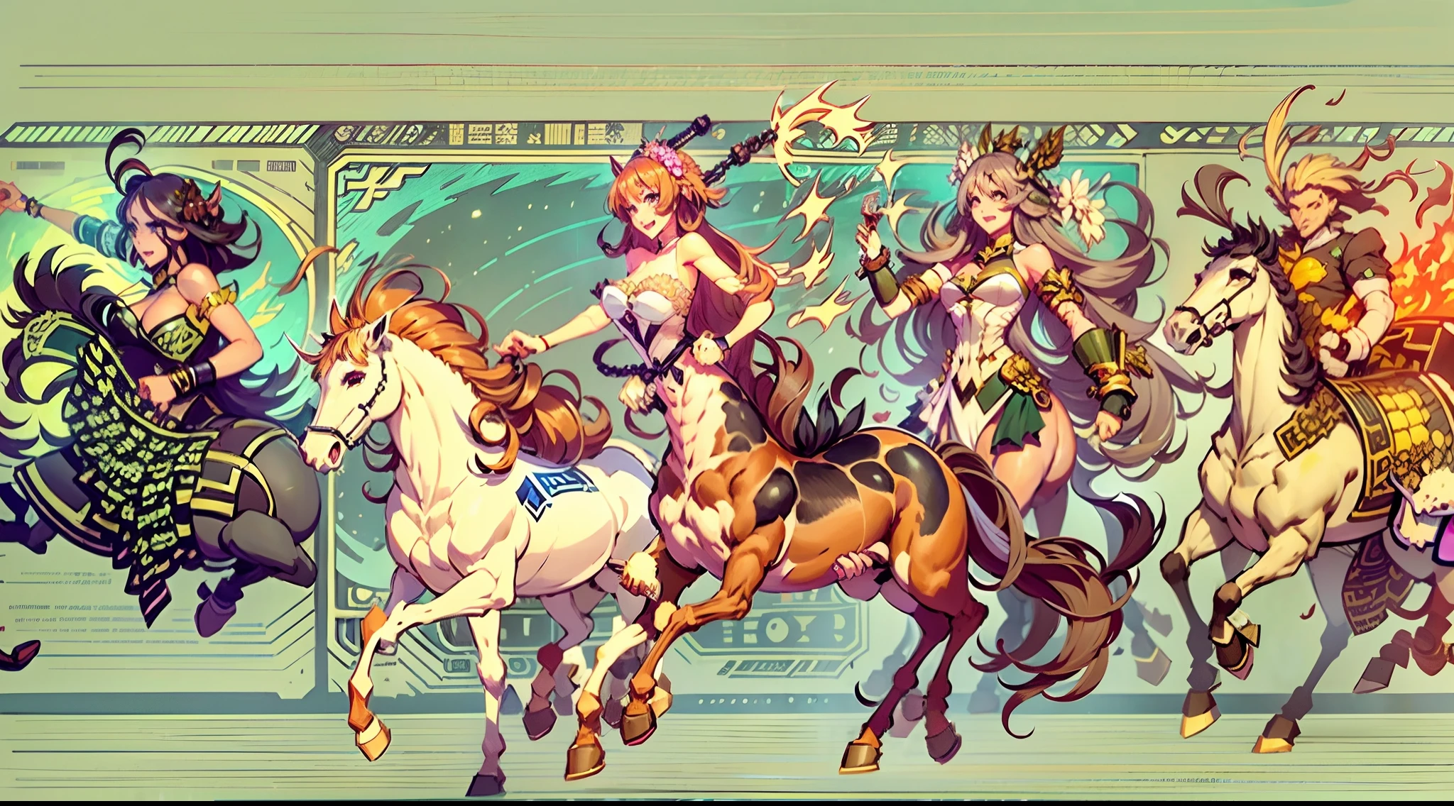 In the beautiful illustration of this super-grand scene,The ultra-long-range lens is shown(Eight unique centaur characters:9.9),They all have their own characteristics,Vivid and interesting。Radiant angelic centaurs from the heavenly realm,To the hellish centaurs surrounded by nightmarish flames,And then to the Wind Immortal Centaur dancing in the air,There are also one-horned centaurs surrounded by thunder and lightning,and mechanical centaurs that shine with metallic light,And then to the powerful dragon centaur with colored dragon scales covering the whole body,The elegant and agile elf centaur always wears a flower crown with its slender and graceful lines,Enchanting and charming Tiflin centaurs。Each character has their own unique charms and abilities。The illustration uses advanced artistic techniques and tools,(Divide the scene into sections by geometric arrangement:9.9),Each section corresponds to a centaur character,This makes more efficient use of space。Through Midjourney's advanced brush tools、Color palette、Material packs and model packs,Exquisite costumes and equipment are designed for each centaur,Enhances the character's personality and visual appeal。The scenery in the illustrations is stunning,There are changing skies、rainbowing、extreme light、Stars and Moon。Incorporating iconic landmarks such as Mount Everest,and fireworks、tranquil lake、Natural and urban elements of waves and neon lights,Creates a magical atmosphere。The centaurs showed off their skills and equipment in a variety of environments,This is true even in extreme alien landscapes。(Use Midjourney's tools、Material packs、Texture tools、The color palette makes depicting details vivid and realistic:9.9),From intricate hairstyles and clothing to authentic textures,Enhances the realism of the characters and surroundings。The fusion of multiple art styles adds movement to the centaur's movement at all angles,The overall visual experience is further enriched。The final illustration was described as a "mast