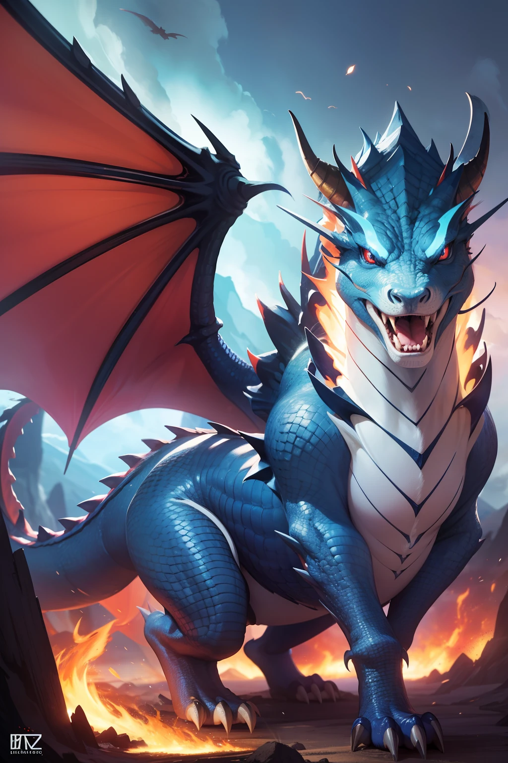 a close up of a cartoon dragon with a red and blue tail, similar to pokemon, dra the dragon, a red dragon, guggimon, new pokemon, fire type, style of pokemon, but as an anthropomorphic dragon, roshan, legendary dragon, portrait of a zentaur, charizard, slifer the sky dragon, official art