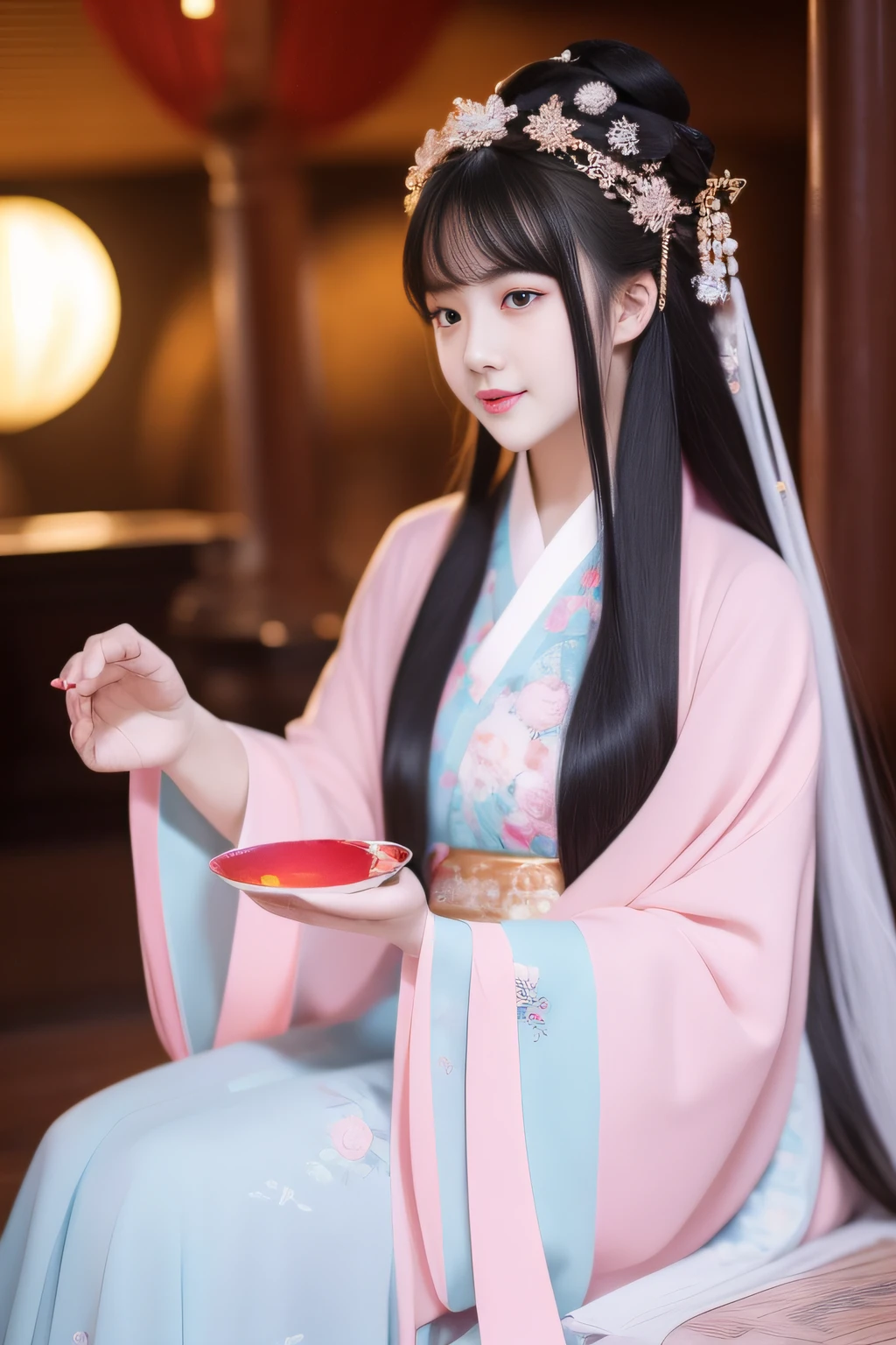 Full moon night,The Hanfu beauty sat down facing the camera,Turn pages gracefully,Her delicate facial features reveal a perfect face。She has a beautiful and detailed appearance。。。。。。。。。。。,Wearing Hanfu,The colorful colors make it even more dazzling。She has long hair and a shawl,Show charm。It is a real photo,Show off the figure and charm of the perfect woman。be on stage,She plays solo,With a charming smile on his face,The perfect display of Hanfu's charm。