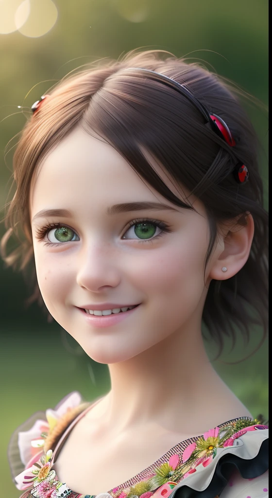 best quality, ultra high res, detailed face, realistic face,RAW photo,
a park, standing, european girl, girl 3 years face, smile, Brown hair, detailed hair, short hair, shoes, baby shoes, dress, summer_dress, simple dress, light bright dress, cute baby dress, floral dress, (cheerful, energetic, happy:1.4), green eyes, hair small clip with ladybug,
(hdr:1.4), dramatic, complex background, cinematic, filmic, (rutkowski, artstation:0.8),
insane details, intricate details, hyperdetailed, low contrast, soft cinematic light, exposure blend, hdr ,