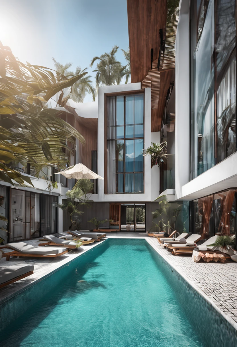 On one side of the courtyard there is a private pool and fitness area。The design of the pool is simple and modern,There is clear blue water and comfortable poolside,For people to enjoy swimming and splashing in the water。The fitness area is equipped with equipment and yoga mats,Provide opportunities for people to exercise,Let people enjoy health and vitality outdoors。
