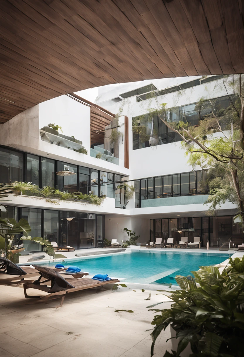 On one side of the courtyard there is a private pool and fitness area。The design of the pool is simple and modern,There is clear blue water and comfortable poolside,For people to enjoy swimming and splashing in the water。The fitness area is equipped with equipment and yoga mats,Provide opportunities for people to exercise,Let people enjoy health and vitality outdoors。