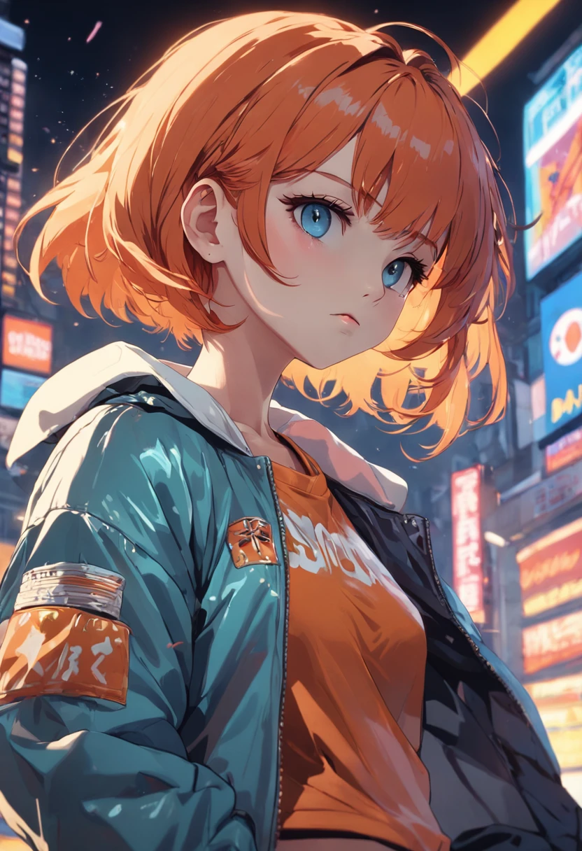 1girll, Young, ((Leggings, Vintage bomber jacket 80s)), Solo, offcial art, Unity 8k wallpaper, Ultra detailed, Beautiful and aesthetic, Masterpiece, Best quality, Shiny skin, The most beautiful form of chaos, elegant, Brutalist with design, Bright colors, romanticism lain, ((Fairy Tale AI)), Big ass, Red nails, Short hair, Orange hair, light blue eyes