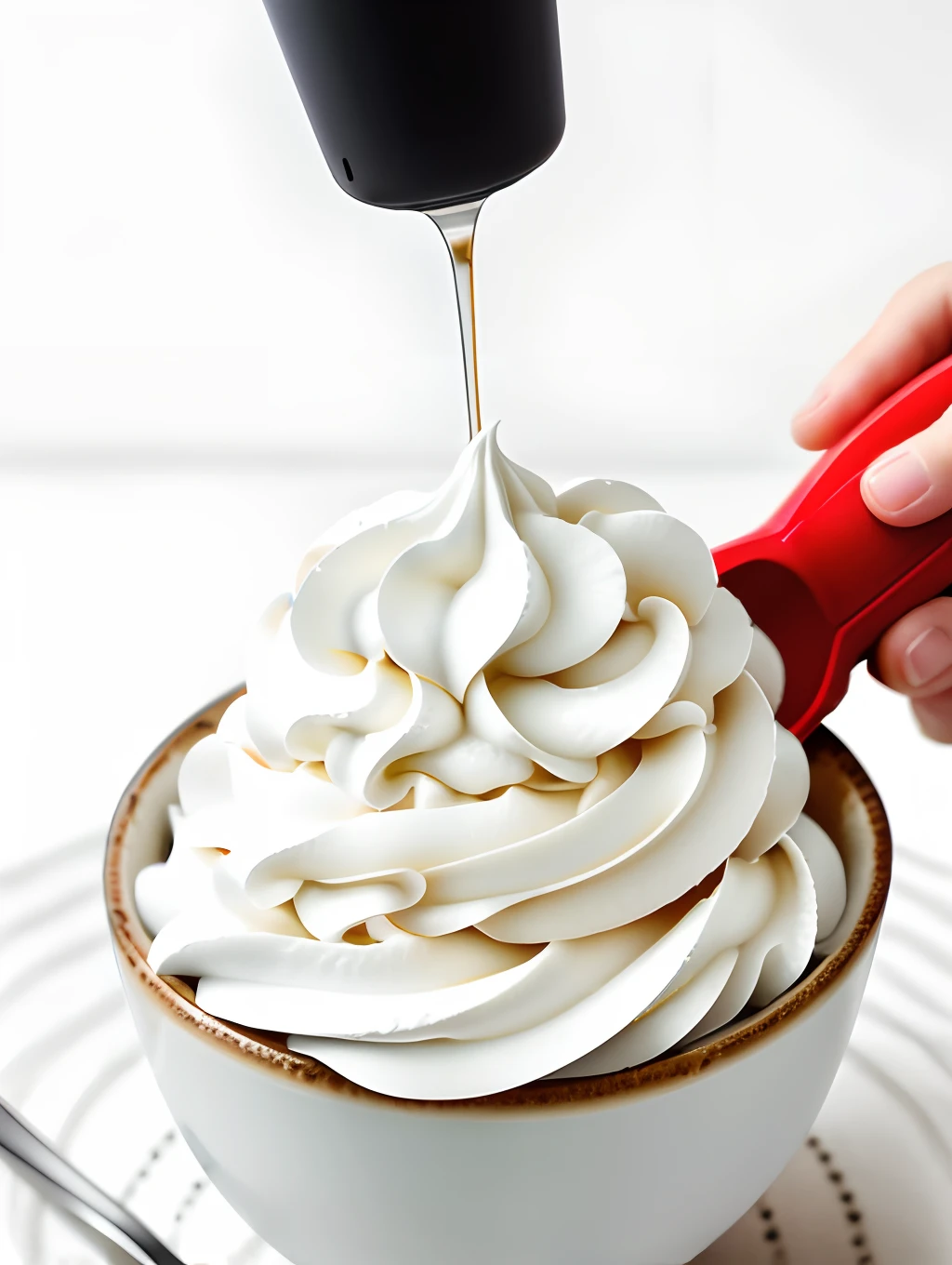 Close-up of a handheld blender and a bowl of fluffy whipped cream.