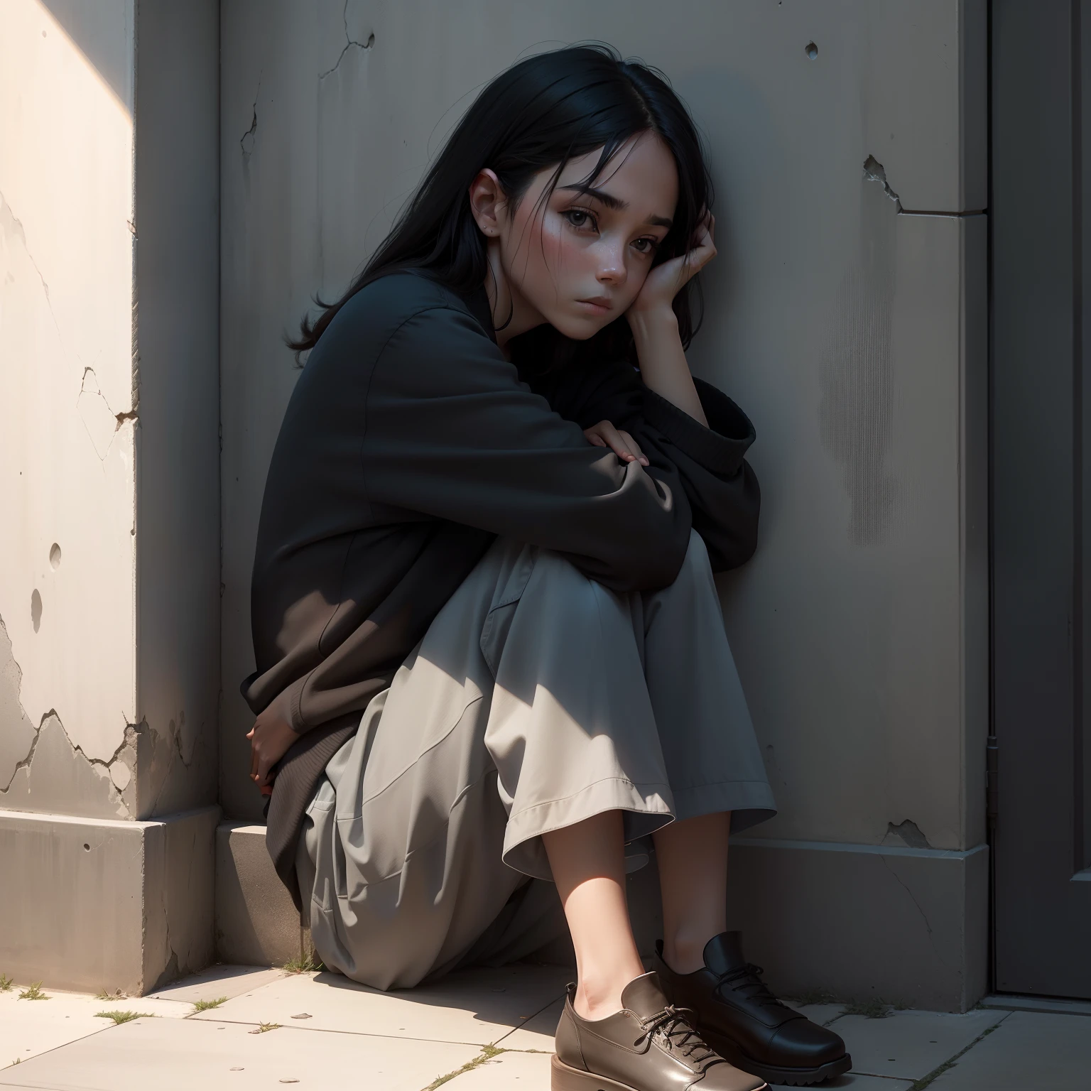 Slim, Teen girl, sitting on floor, hugging her knees, black hair, fair skin, black paint coverd hoodie, run down apartment, single cupcake,