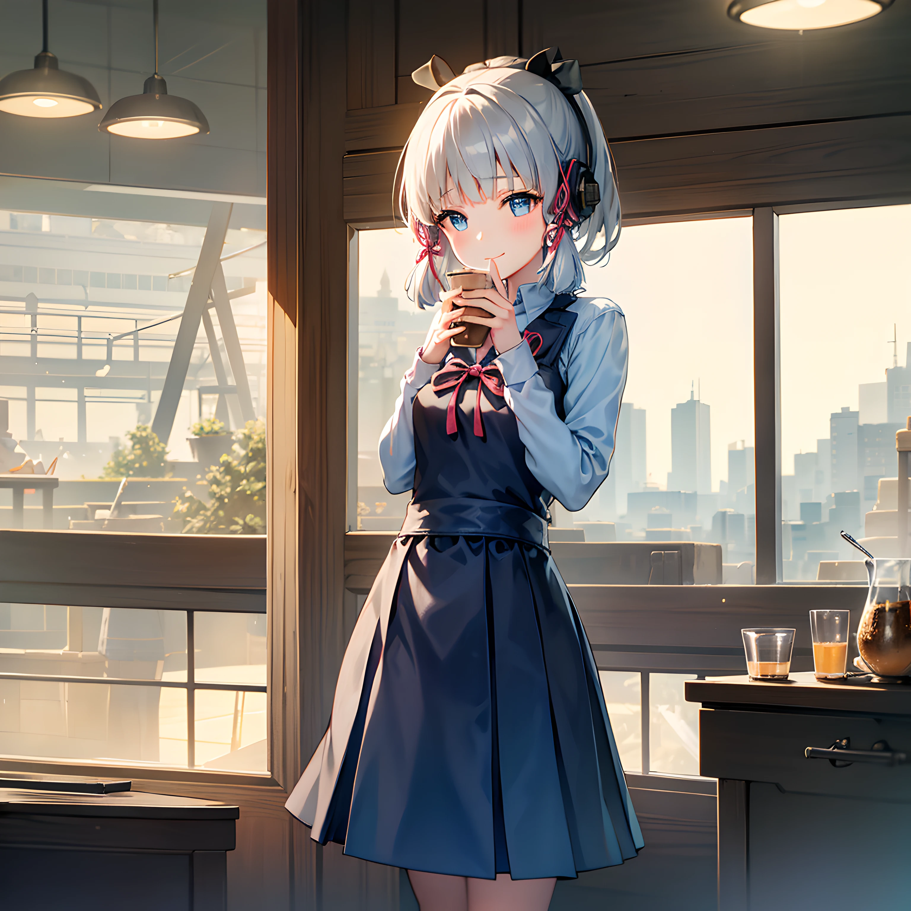 1girll,Cafe,By the window,kawa,Hold your chin with your hands,Headsets,Pondering,frontage,Look forward,Single horsetail,School uniform JK,ssmile,High resolution 4K,Full character,cellular phone,natta