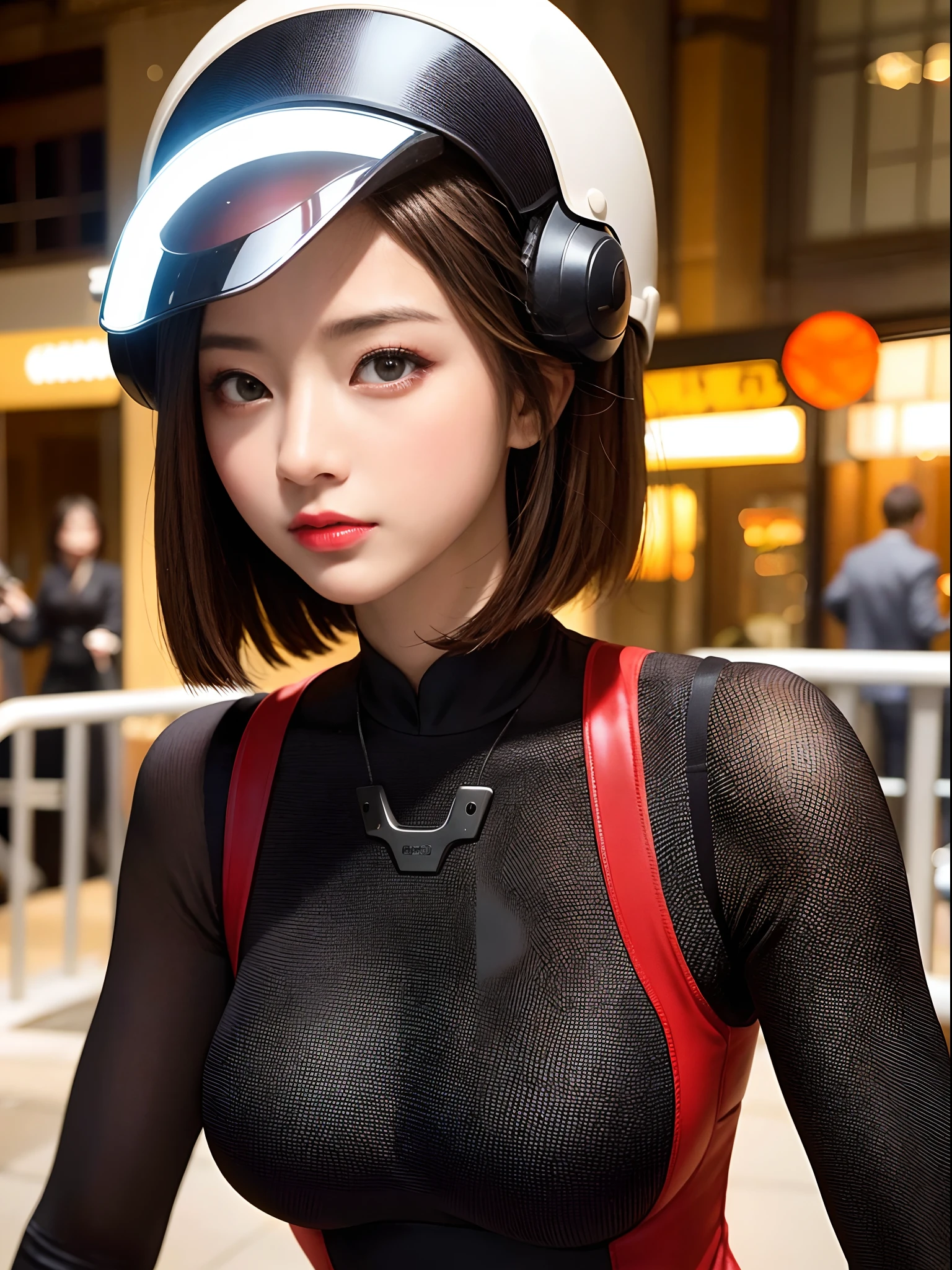 The highest image quality，Excellent detail，超高分辨率，（真实感：1.4），The best illustrations，Favor detail，Highly concentrated 1girl，exquisite and beautiful face，medium boob，The upper body is dressed in black and red tights，There is no opening in the chest，wearing a mech helmet，the background is a high-tech lighting scene of the city of the future。