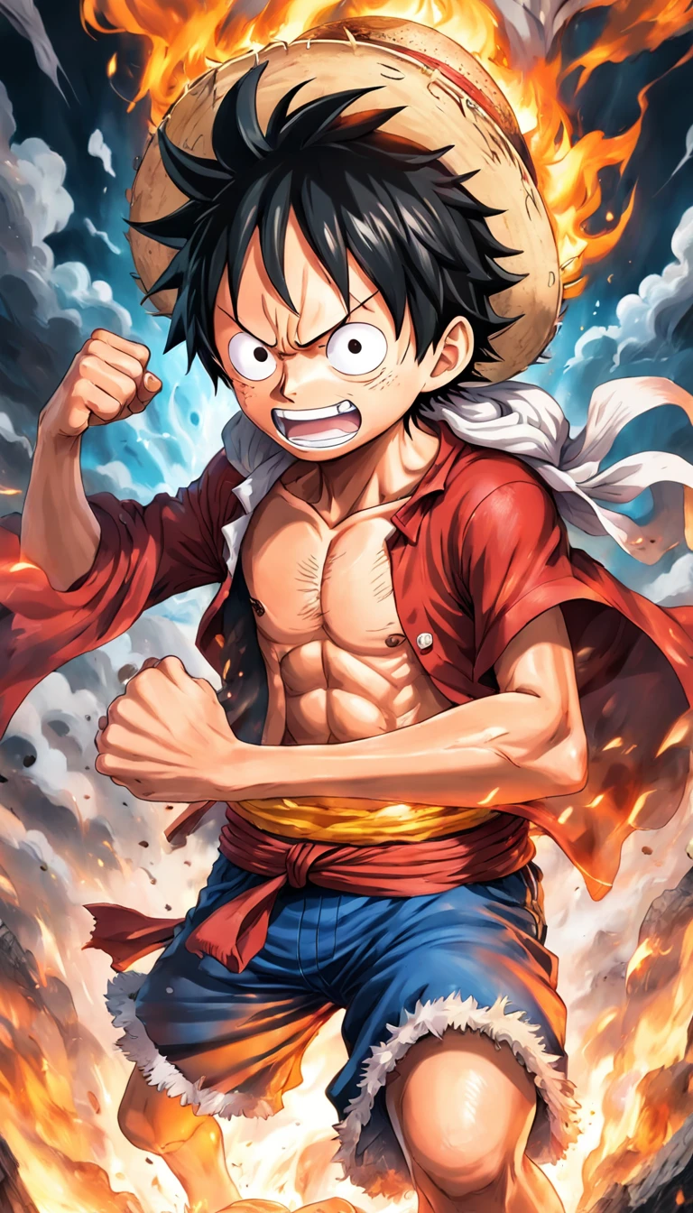 Make exciting posters with Luffy "One Piece" In the heat of the moment, Five-step pattern,White hair,Blue and white smoke entangled,. Capture the essence of his fiery determination and indomitable spirit,Because he unleashed his anger on the enemy. Keep it short, boldness, And strongly convey the raw power of Luffy's anger. Chibi was established, anime big breast