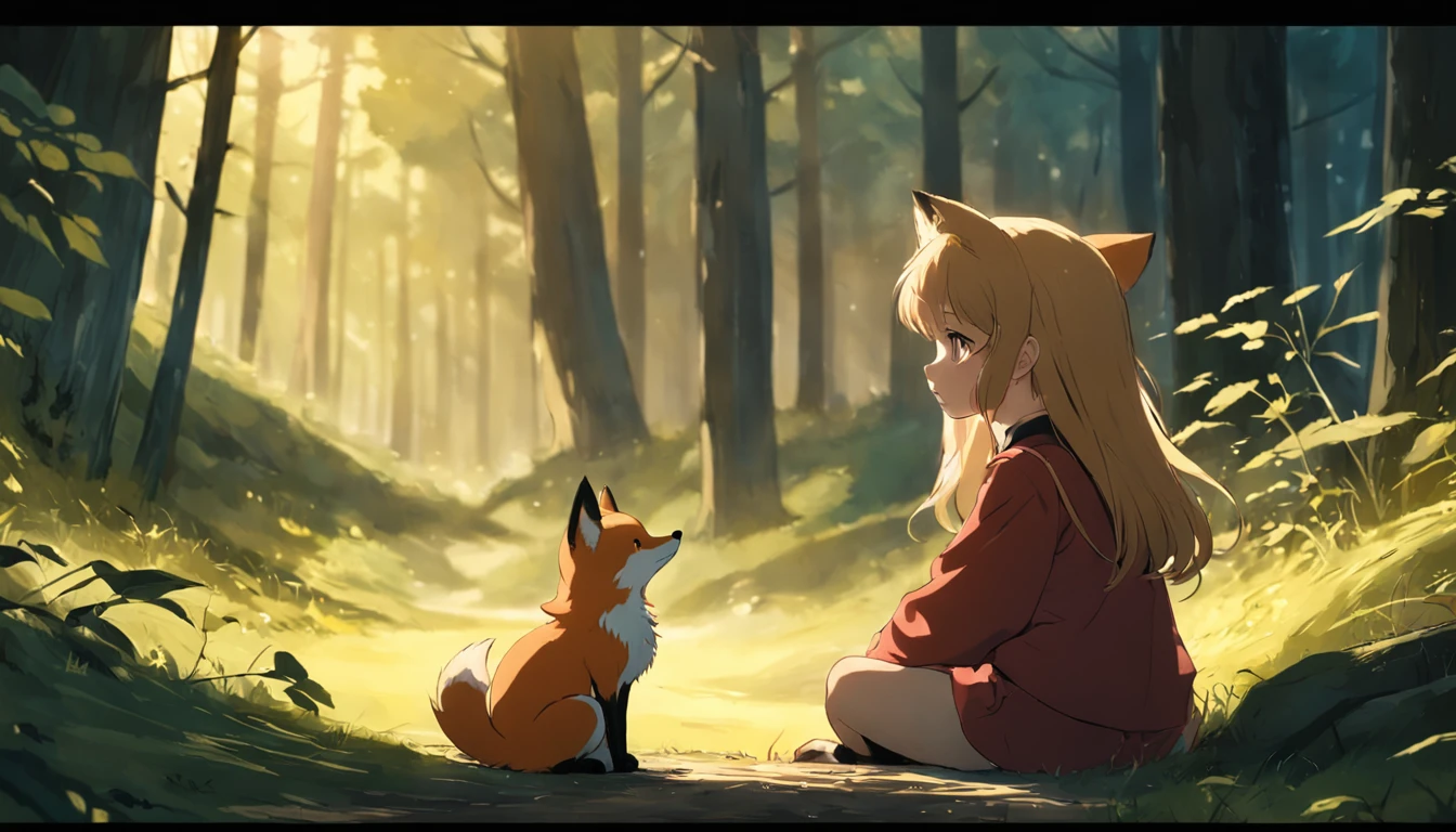 tmasterpiece, best qualityer, cinematic Film still from, 1fox, Close-up, brightly, cheerfulness, Soft lighting and warmth, natta, The fox looked up at the forest,The little girl sat next to her