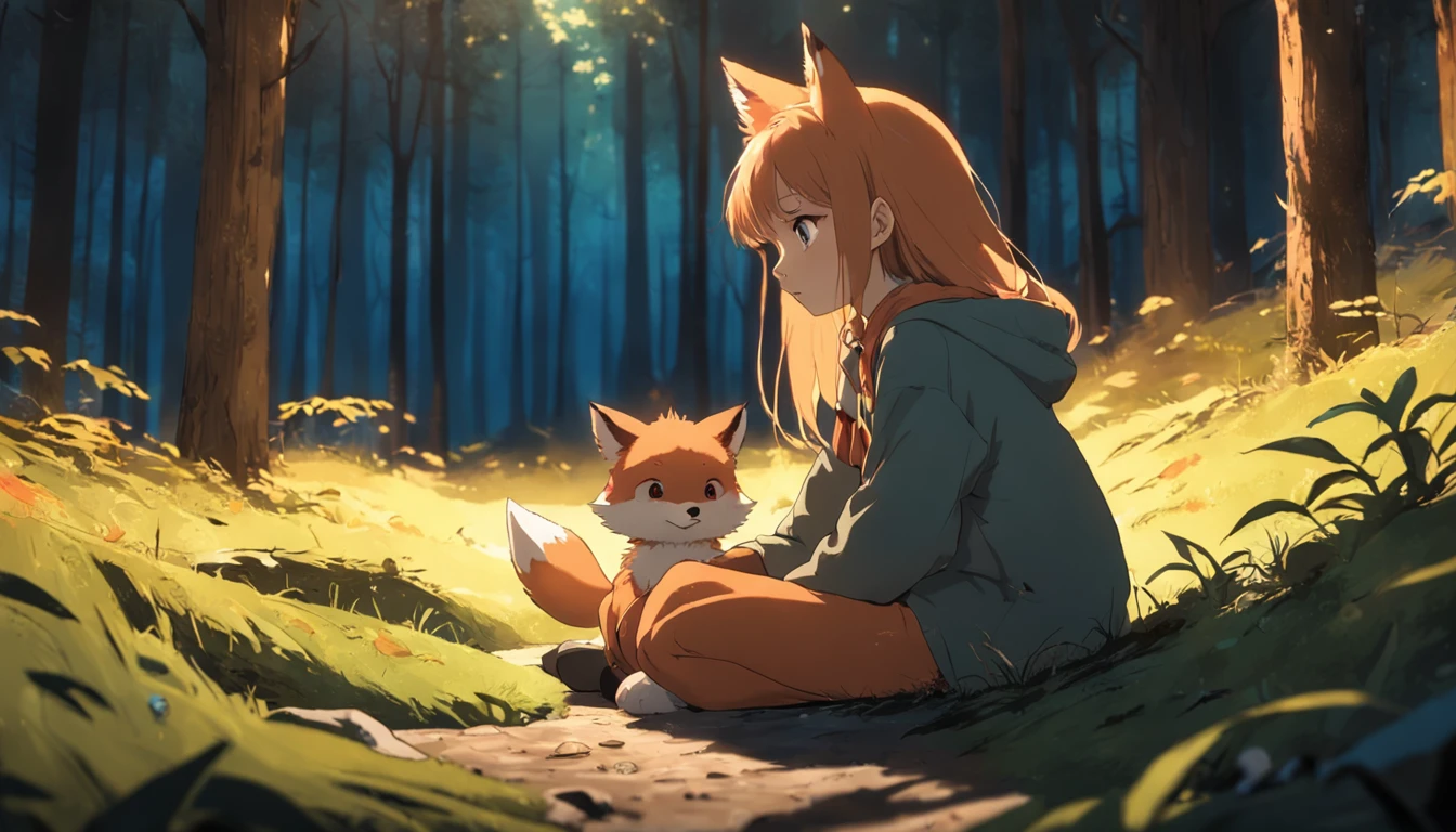 tmasterpiece, best qualityer, cinematic Film still from, 1fox,  Close-up, brightly, cheerfulness, Soft lighting and warmth, natta, The fox looked up at the forest，The little girl sat next to her