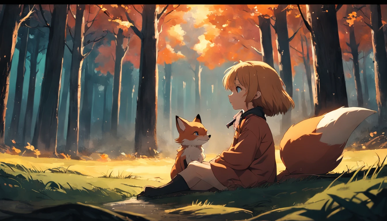 tmasterpiece, best qualityer, cinematic Film still from, 1fox,  Close-up, brightly, cheerfulness, Soft lighting and warmth, natta, The fox looked up at the forest，The little girl sat next to her
