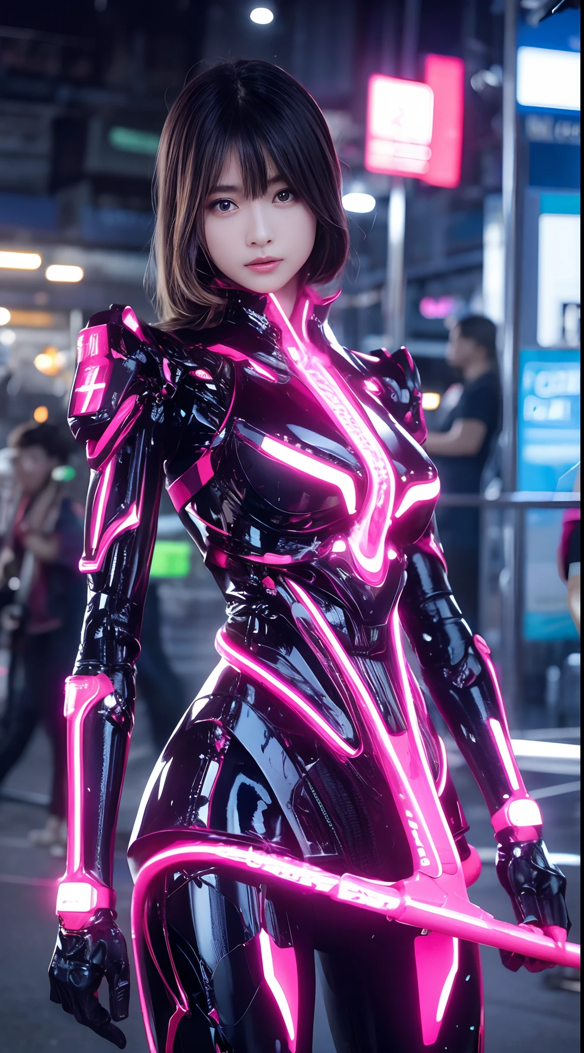 Top Quality, Masterpiece, Ultra High Resolution, (Photorealistic: 1.4), Raw Photo, 1 Girl, Black Hair, Glossy Skin, 1 Mechanical Girl, (Ultra Realistic Detail)), Portrait, Global Illumination, Shadows, Octane Rendering, 8K, Ultra Sharp, Big, Cleavage Exposed Raw Skin, Metal, Intricate Ornament Details, Japan Details, Very intricate details, realistic light, CGSoation trend, purple eyes, glowing eyes, facing the camera, neon details, mechanical limbs, blood vessels connected to the tube, mechanical vertebrae attached to the back, mechanical cervical attachment to the neck, sitting, wires and cables connecting to the head, gundam, small LED lamps,