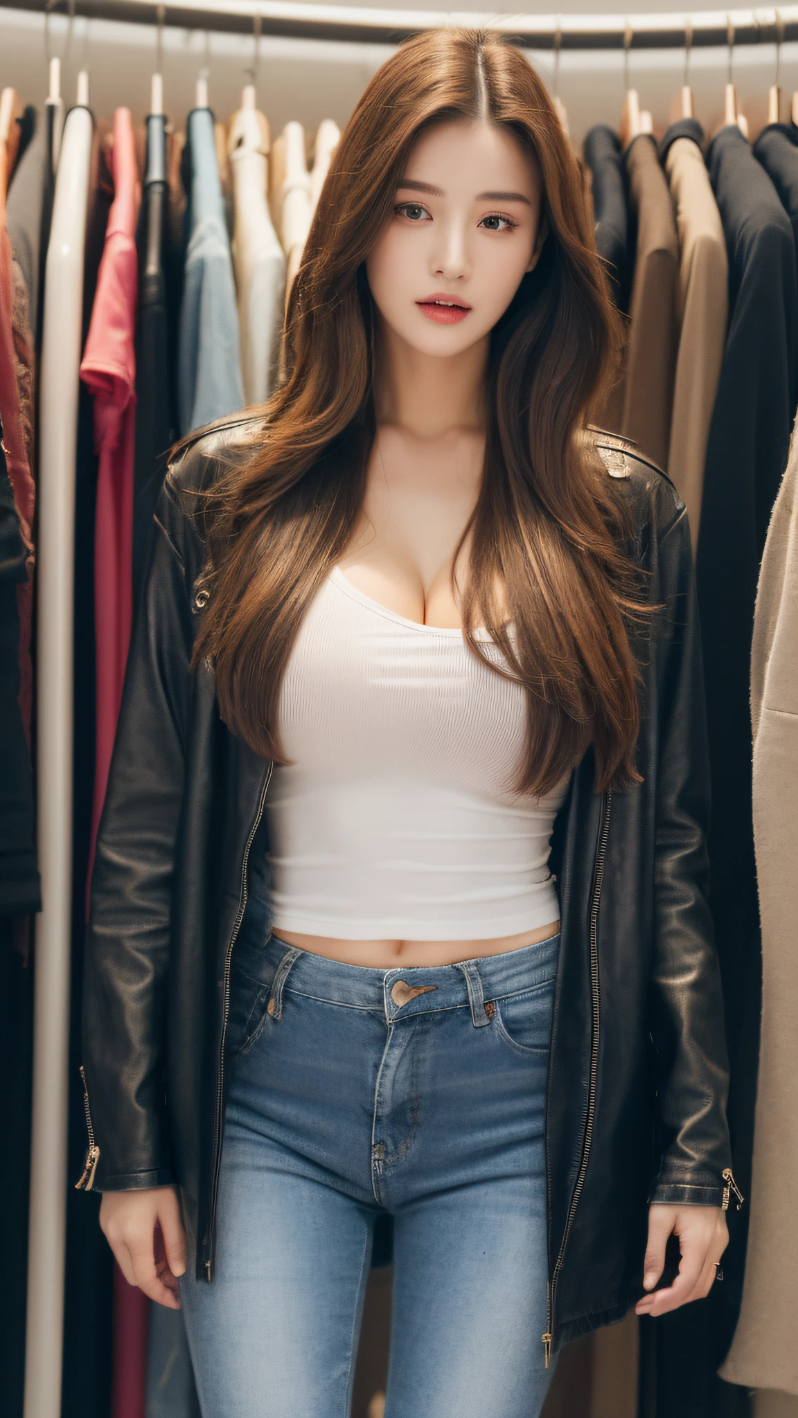 (realistic, high resolution:1.3), (1 girl with perfect figure:1.5), super fine face and eyes, long hair, (tube top: 1.2) in random colors, leather jacket, ripped jeans Shorts, in a clothing shop, standing next to the clothes rack, exposed cleavage