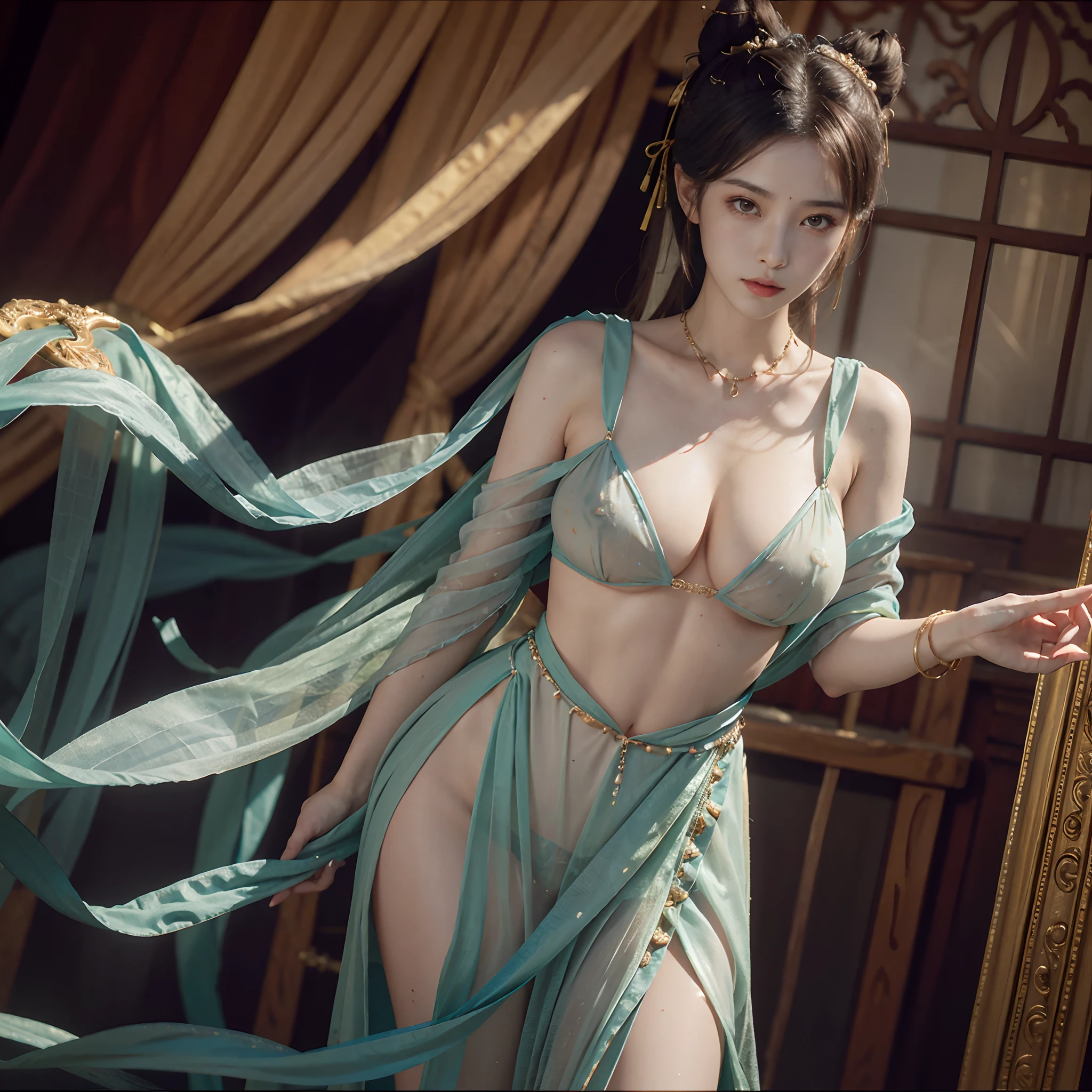 Best quality at best，tmasterpiece，Very detailed details，A high resolution，8K，Complicated details，realisticlying，Photorealsitic，dramatic  lighting，1girll，dunhuang_clothes，dunhuang_dress，Large breasts，jewely，breast chain，glute，Show one's butt，seminude，Partially covered by clothing，（ssee-through：1.3），Through a thin veil，A glimpse of the breasts can be seen，Create an enticing and suggestive effect，At a glance, You can see the contours of her skin and chest，cowboy lens，whirling