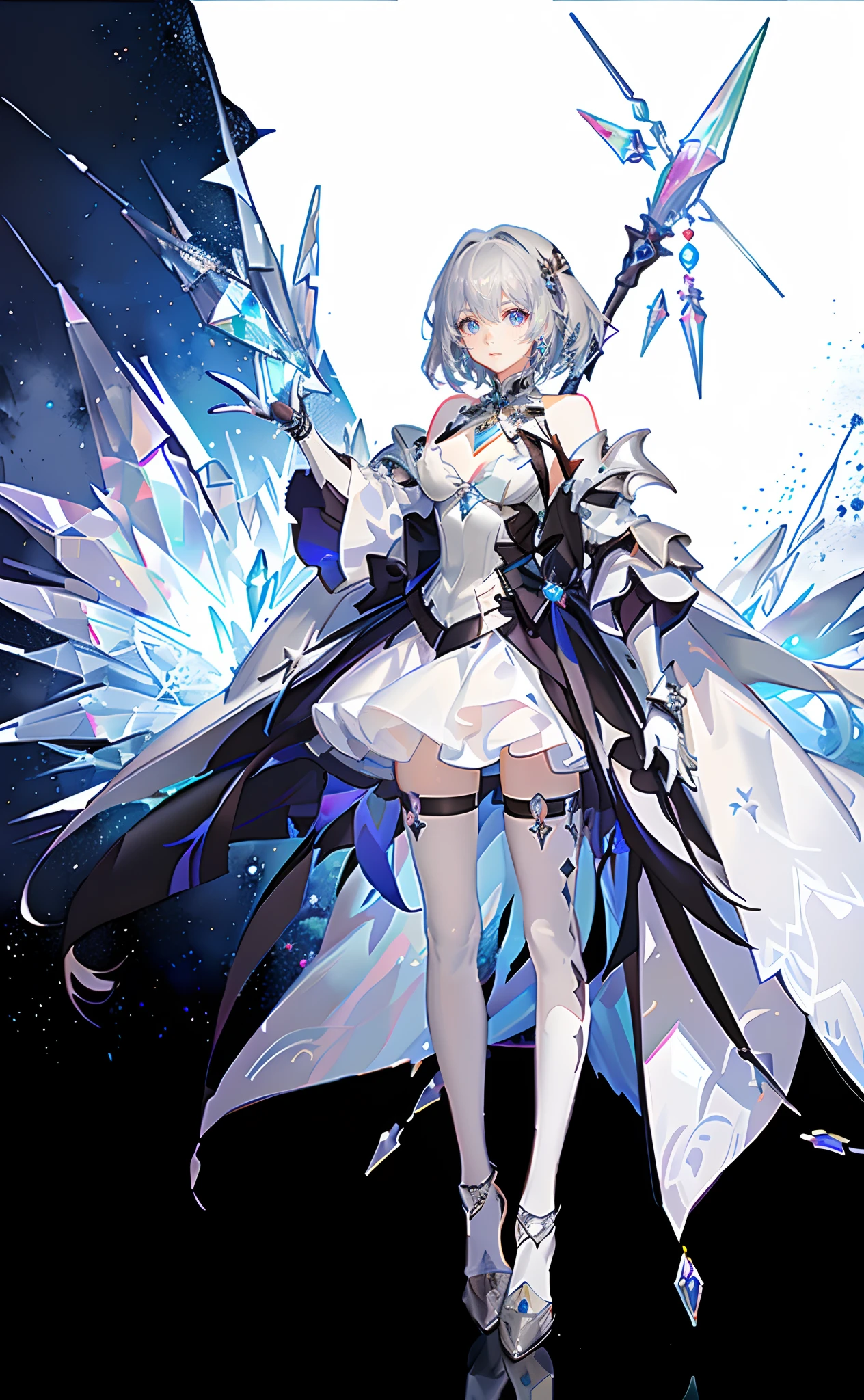 best qualityer，tmasterpiece，Ultimate resolution，downy，Extremely colorful，Colorful，Lady Knight，Royal Sister，Silver armor skirt，Full body set with gemstones，White crystal，huge tit，（Silver-white ultra-short hair），Armor set with white crystal，jewelry，crystal，Normal posture