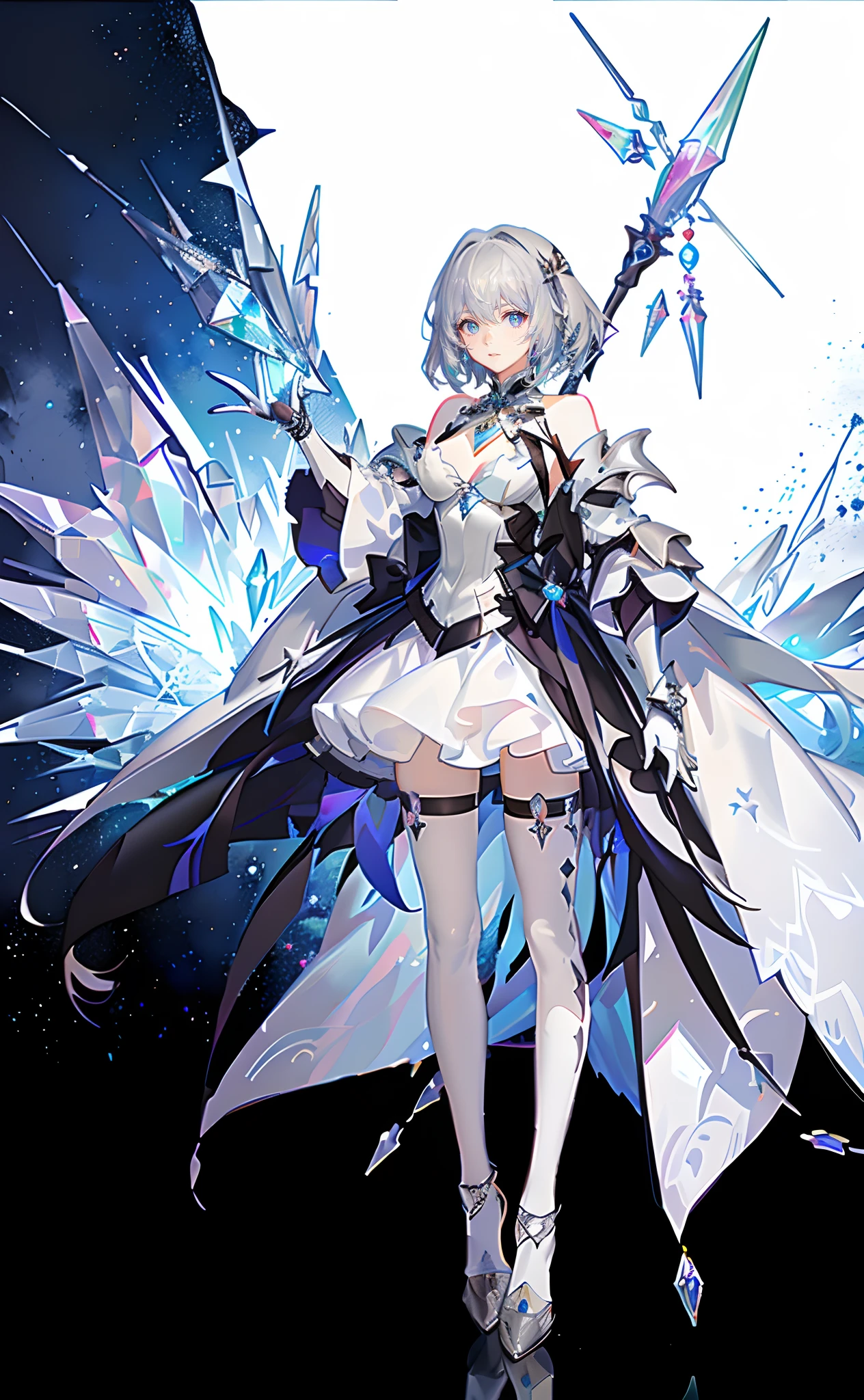 best qualityer,tmasterpiece,Ultimate resolution,downy,Extremely colorful,Colorful,Lady Knight,Royal Sister,Silver armor skirt,Full body set with gemstones,White crystal,huge tit,(Silver-white ultra-short hair),Armor set with white crystal,jewelry,crystal,Normal posture