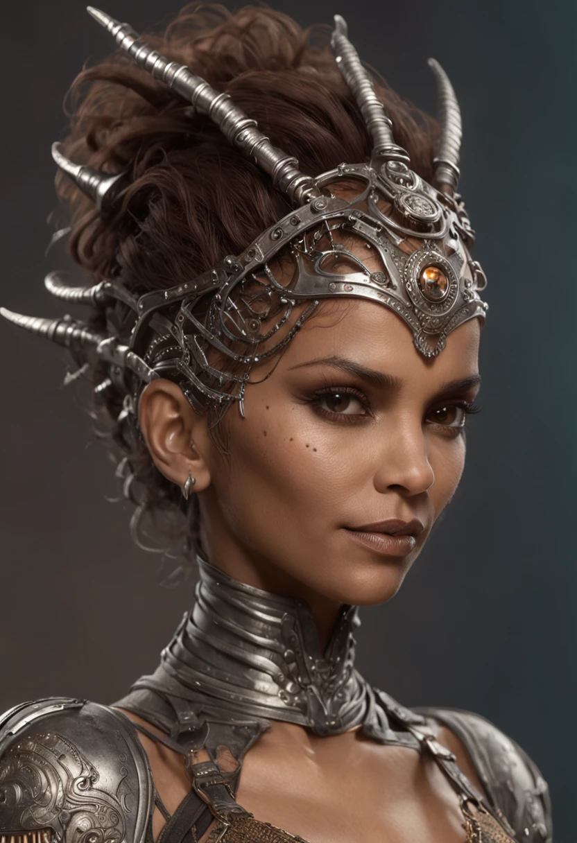 Halle Berry como bela mulher steampunk deslumbrante, (corpo inteiro), olhos ultra-detalhados, corpo ultra-detalhado, nice perfect guy with soft skinice, corpo feminino deslumbrante, ((ultra-detailed hands)), obra-prima conceito fantasia arte, trending on ArtStation, hiper-detalhado, Arte Digital, Motor irreal, 32k, Ultra HD | | | |, imagem centrada, arte de Luis Royo e artgerm e greg rutkowski e Alphonse Much