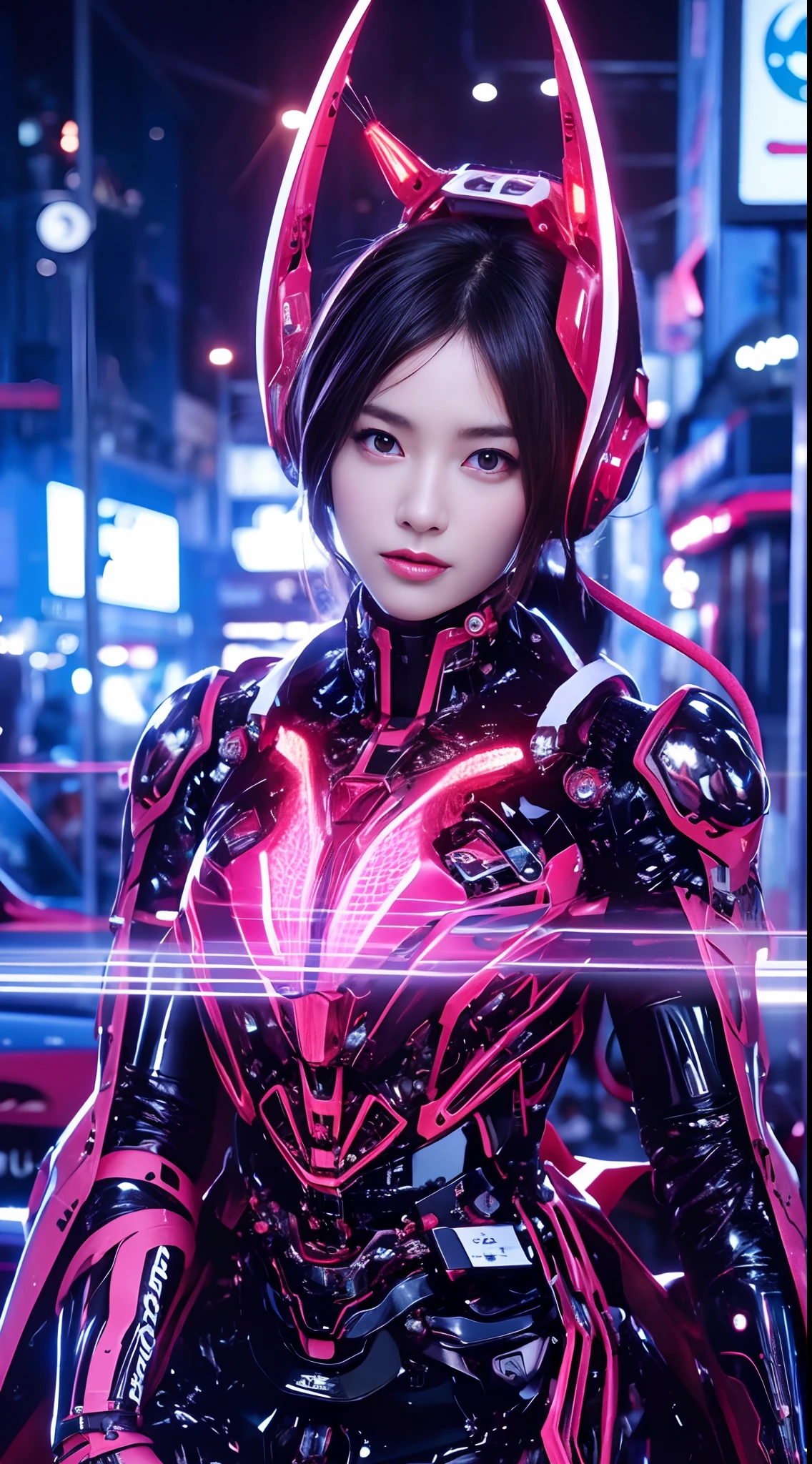 Top Quality, Masterpiece, Ultra High Resolution, (Photorealistic: 1.4), Raw Photo, 1 Girl, Black Hair, Glossy Skin, 1 Mechanical Girl, (Ultra Realistic Detail)), Portrait, Global Illumination, Shadows, Octane Rendering, 8K, Ultra Sharp, Big, Cleavage Exposed Raw Skin, Metal, Intricate Ornament Details, Japan Details, Very intricate details, realistic light, CGSoation trend, purple eyes, glowing eyes, facing the camera, neon details, mechanical limbs, blood vessels connected to the tube, mechanical vertebrae attached to the back, mechanical cervical attachment to the neck, sitting, wires and cables connecting to the head, gundam, small LED lamps,