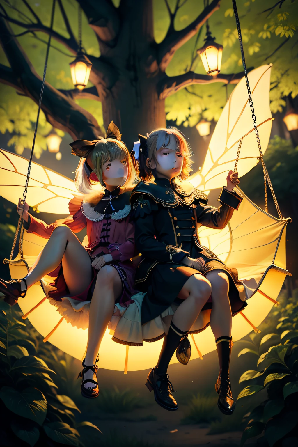 Glory of Kings Sable Cicada and Lv Bu Sitting on a swing under a fluorescent tree
