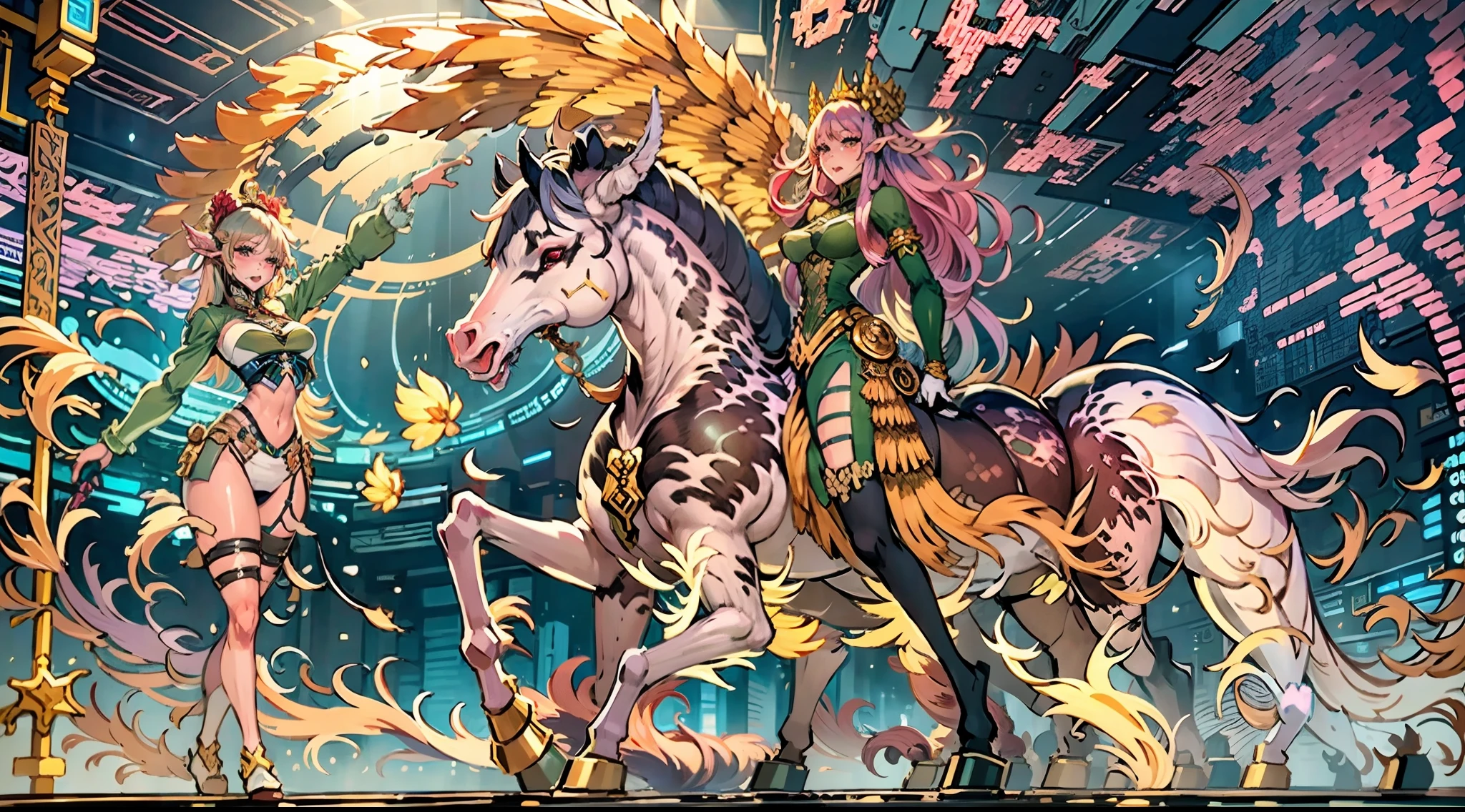 In the beautiful illustration of this super-grand scene，The ultra-long-range lens is shown（Eight unique centaur characters：9.9），They all have their own characteristics，Vivid and interesting。Radiant angelic centaurs from the heavenly realm，To the hellish centaurs surrounded by nightmarish flames，And then to the Wind Immortal Centaur dancing in the air，There are also one-horned centaurs surrounded by thunder and lightning，and mechanical centaurs that shine with metallic light，And then to the powerful dragon centaur with colored dragon scales covering the whole body，The elegant and agile elf centaur always wears a flower crown with its slender and graceful lines，Enchanting and charming Tiflin centaurs。Each character has their own unique charms and abilities。The illustration uses advanced artistic techniques and tools，（Divide the scene into sections by geometric arrangement：9.9），Each section corresponds to a centaur character，This makes more efficient use of space。Through Midjourney's advanced brush tools、Color palette、Material packs and model packs，Exquisite costumes and equipment are designed for each centaur，Enhances the character's personality and visual appeal。The scenery in the illustrations is stunning，There are changing skies、rainbowing、extreme light、Stars and Moon。Incorporating iconic landmarks such as Mount Everest，and fireworks、tranquil lake、Natural and urban elements of waves and neon lights，Creates a magical atmosphere。The centaurs showed off their skills and equipment in a variety of environments，This is true even in extreme alien landscapes。（Use Midjourney's tools、Material packs、Texture tools、The color palette makes depicting details vivid and realistic：9.9），From intricate hairstyles and clothing to authentic textures，Enhances the realism of the characters and surroundings。The fusion of multiple art styles adds movement to the centaur's movement at all angles，The overall visual experience is further enriched。The final illustration was described as a "mast