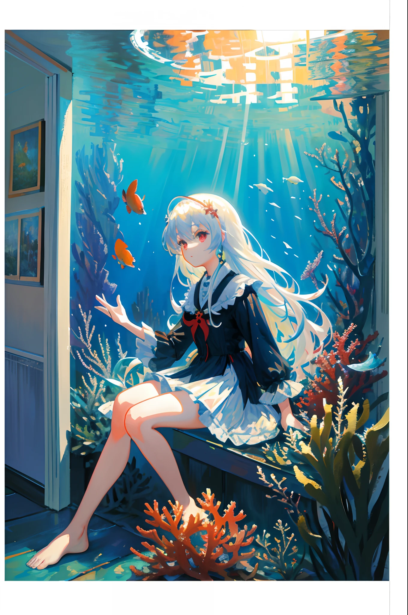 [(Transparent background:1.5)::5],(((Masterpiece))),(((Best quality))),(((Extremely detailed))),illustration, 1girll,Solo,mysterious,vivd colour,Shiny, Underwater transparent sealed hemispherical glass dome, White hair,Red eyes, full bodyesbian,Barefoot,Long hair is calm and natural, Koi,Underwater, Dome,Close up,Dynamic actions,Lens perspective,(((Box composition))),sitting cross-legged，Leaning against the bookshelf,(arm + hand + 1 thumb + 4 fingers),(Impressionism:1.4) (ocean floor、Marine life、Beautiful coral reef、The fish),Messy painting style，Hair flows in water