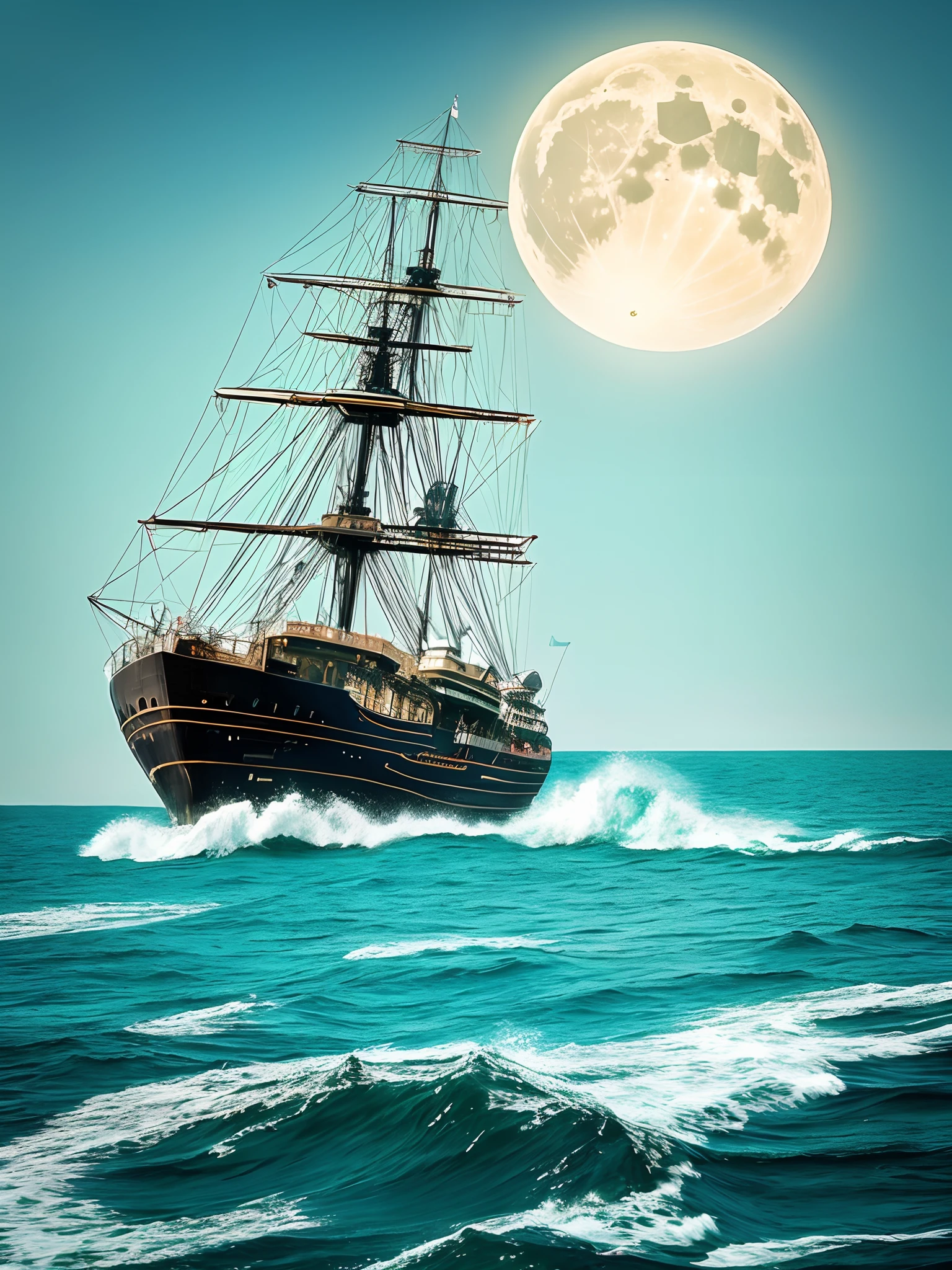 Imagine the enchanting scene of a mysterious pirate ship drifting on the stunning turquoise waters of the Magic Kingdom. Describe the ethereal appearance of the ship, From its intricacies, Luminous carving on rainbow-colored sails,Catch the glow of the two moons above. Delve into the ship's connection to the mysterious energy of the ocean, Detail how it uses these dynamics for propulsion and protection. Highlight the crew's attire, Reflects the color of the sea, And explore the ship's ability to gradually enter and exit reality, Disappear from view when danger approaches. Convey the wonder and mystery that this ship brings to all those who encounter it in this realm where reality and magic intertwined