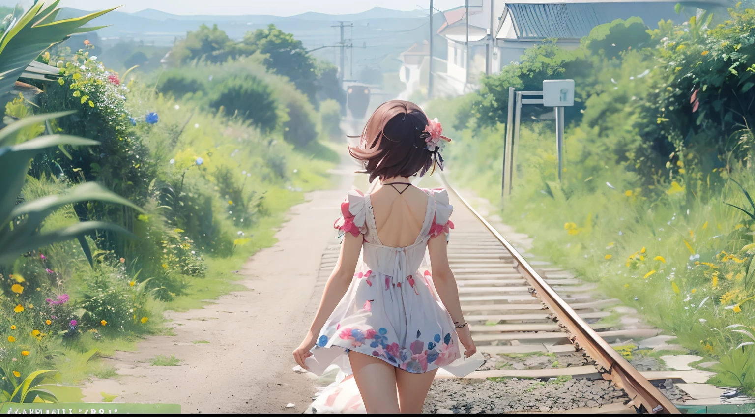 morning、Girl walking on a road parallel to the railroad tracks、You can see the sea in the background, I see the train、（ hair adornments、耳Nipple Ring、Floral hair ornament、butterfly hair ornament）、 Fuji Film, F/4.0, masutepiece, Anatomically correct、A smile, radiant light、Shinkai Makoto style