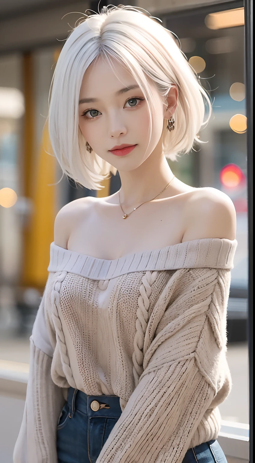 Medium Shot Shot, A beautiful woman looks at the camera, White hair, Chris Foss autumn off-the-shoulder sweater