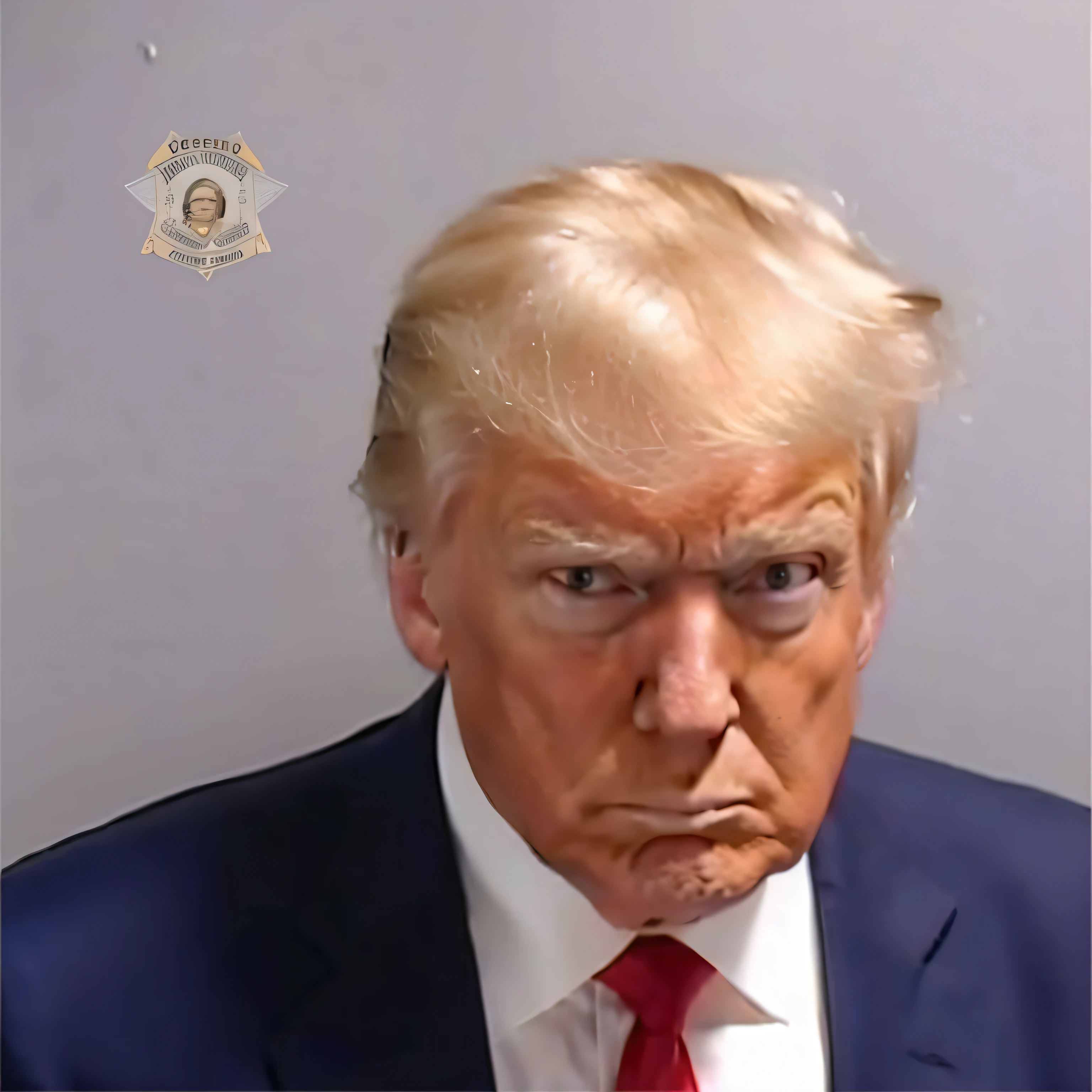 worried look on Donald Trump’s face in mugshot, arafed image of Donald trump in a suit and tie with a red tie, donald trump mugshot, tense donald trump in jail, apprehensive Donald Trump in prison, photo of donald trump, Donald Trump, president donald trump, donald trump's face, portrait of trump,