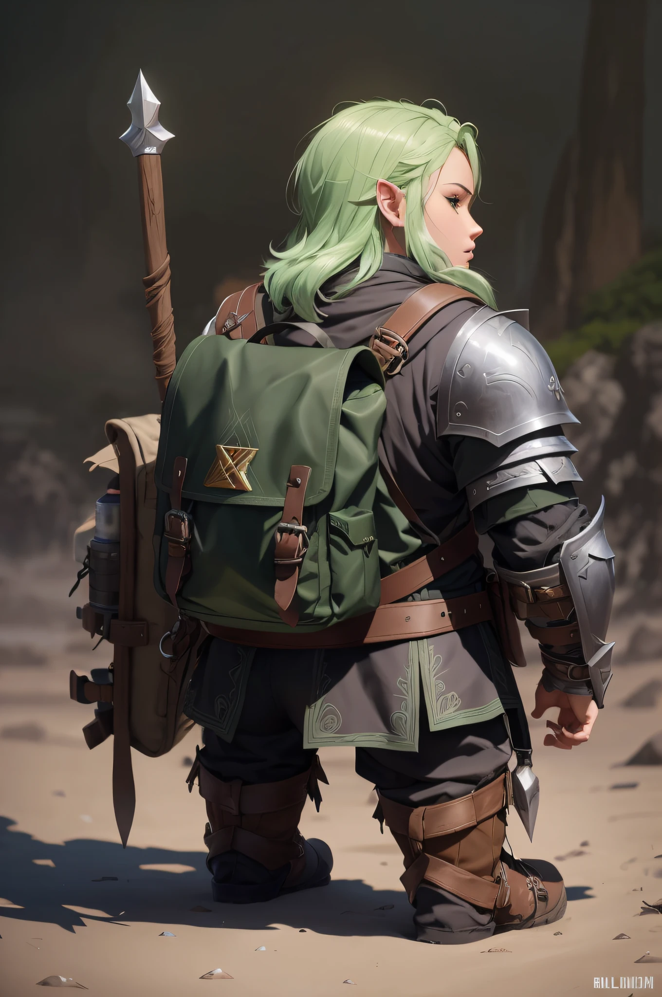 There is a man with green hair and a backpack on the beach, backveiw picture of elf rogue, Guviz-style artwork, Amazing 8K character concept art, wlop and krenz cushart, Loish et WLOP, inspired by the senior character artist, wlop and ross thran, ross tran and wlop