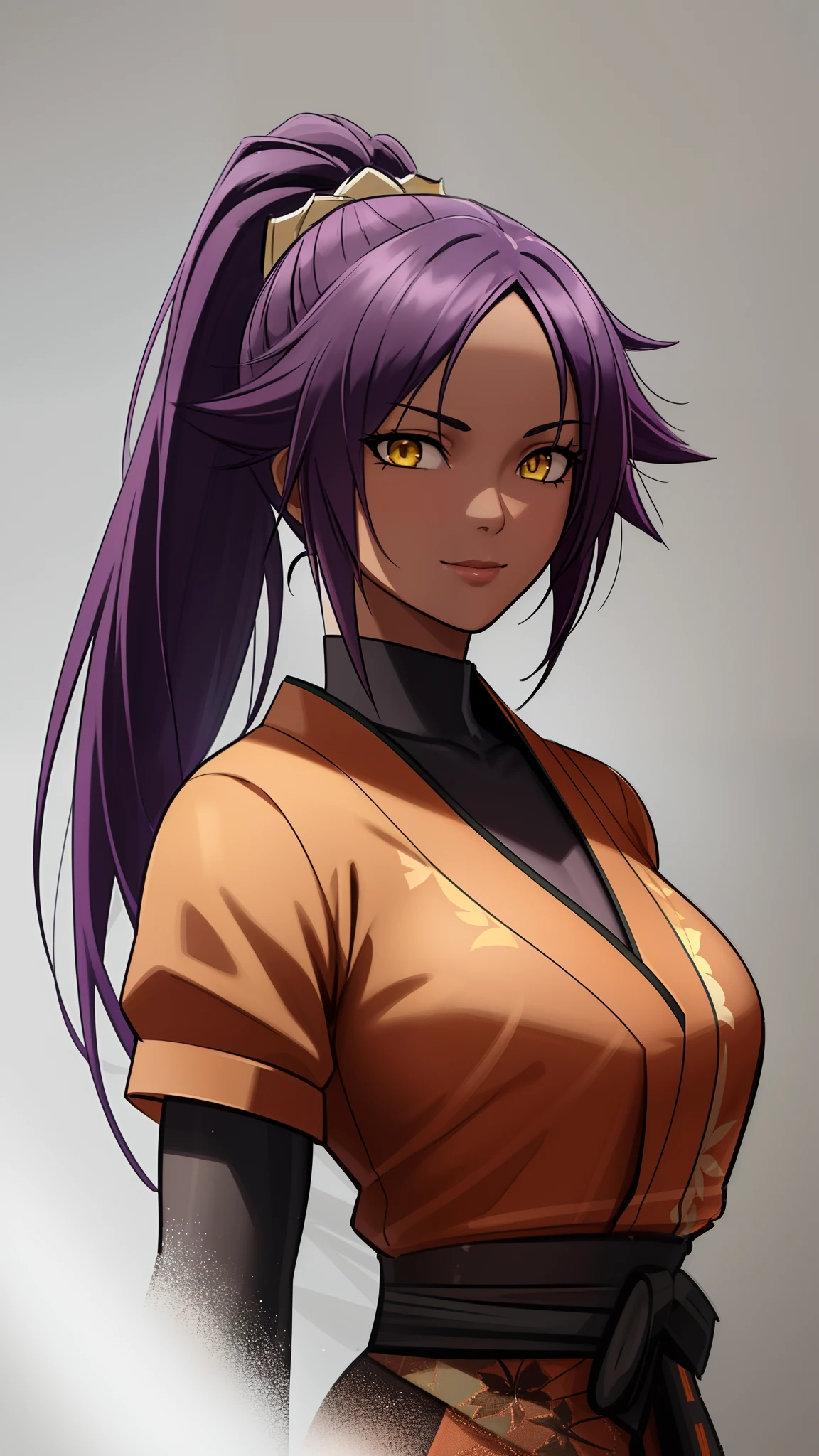 best quality , yoruichi,wearing battle kimono  ,beautiful,gorgeous , highly detailed , unreal engine , octane render   , slim and lean  , detailed face, 8k high res ,slight smile, ray traced reflections, mature  , 8k high res ,mildly muscular , extremely detailed eyes  , masterpiece, (mj:0.2)  ,yellow eyes ,in a beautiful lush garden ,medium breasts ,