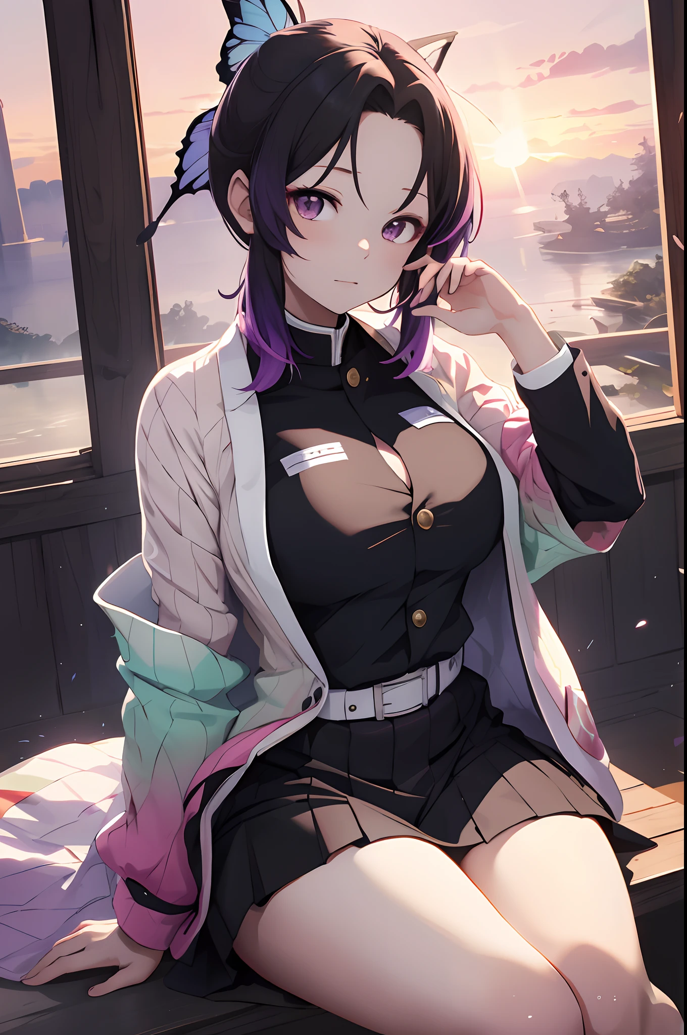 Kochou Shinobu, 1girl,master part, cabelos multicoloridos,Mangas, Purple eyes, Black jacket,black skirt,uniforme, Haori branco, , Multiple Butterflies, , Lake sunset, Reflexo da lente, perfect lighting, extremely high quality, hands behind, coxas grossas, seios grandes, clivagem,extremely high quality, high resolution.