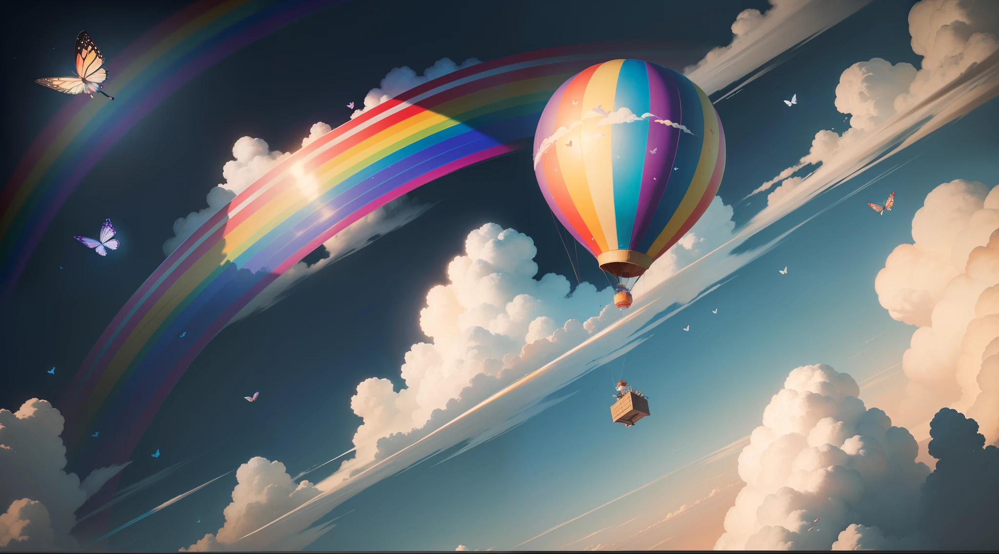 In the sky of the magical city，The sky is full of white clouds，Painted birds and butterflies fly，There is a huge brush painting rainbow，In the distance there is a huge hot air balloon pulling a dream car in the sky，A little boy sits on a paintbrush and flies into the sky