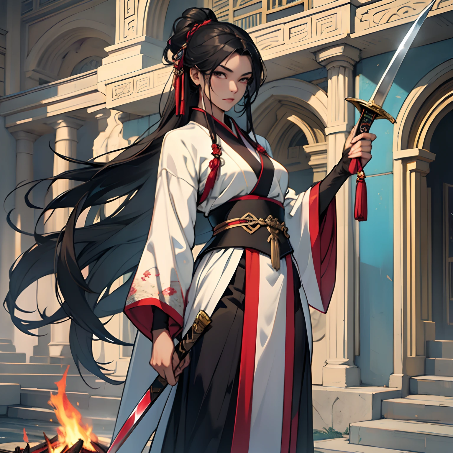 Uma mulher, (mulher), usa Hanfu vermelho, bonito, arrogante, cabelo vermelho longo, seios grandes, voluptuosa, Hanfu, antigo, muito sexy, atraente, dama de fogo, standingn, corpo inteiro insinuante, showing off holding onto the hilt of a stylish sword with the big blade sharp with his right hand, Near the entrance of the Fire Stream Sect