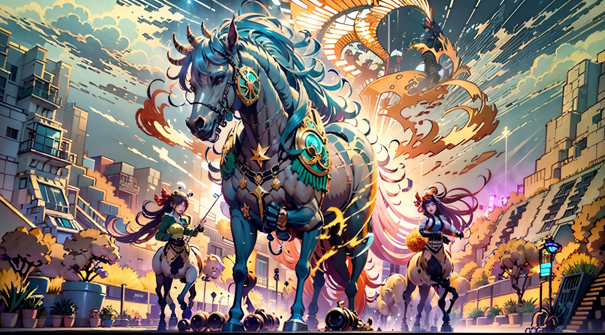 In the beautiful illustration of this super-grand scene,The ultra-long-range lens is shown(Eight unique centaur characters:9.9),They all have their own characteristics,Vivid and interesting。Radiant angelic centaurs from the heavenly realm,To the hellish centaurs surrounded by nightmarish flames,And then to the Wind Immortal Centaur dancing in the air,There are also one-horned centaurs surrounded by thunder and lightning,and mechanical centaurs that shine with metallic light,And then to the powerful dragon centaur with colored dragon scales covering the whole body,The elegant and agile elf centaur always wears a flower crown with its slender and graceful lines,Enchanting and charming Tiflin centaurs。Each character has their own unique charms and abilities。The illustration uses advanced artistic techniques and tools,(Divide the scene into sections by geometric arrangement:9.9),Each section corresponds to a centaur character,This makes more efficient use of space。Through Midjourney's advanced brush tools、Color palette、Material packs and model packs,Exquisite costumes and equipment are designed for each centaur,Enhances the character's personality and visual appeal。The scenery in the illustrations is stunning,There are changing skies、rainbowing、extreme light、Stars and Moon。Incorporating iconic landmarks such as Mount Everest,and fireworks、tranquil lake、Natural and urban elements of waves and neon lights,Creates a magical atmosphere。The centaurs showed off their skills and equipment in a variety of environments,This is true even in extreme alien landscapes。(Use Midjourney's tools、Material packs、Texture tools、The color palette makes depicting details vivid and realistic:9.9),From intricate hairstyles and clothing to authentic textures,Enhances the realism of the characters and surroundings。The fusion of multiple art styles adds movement to the centaur's movement at all angles,The overall visual experience is further enriched。The final illustration was described as a "mast