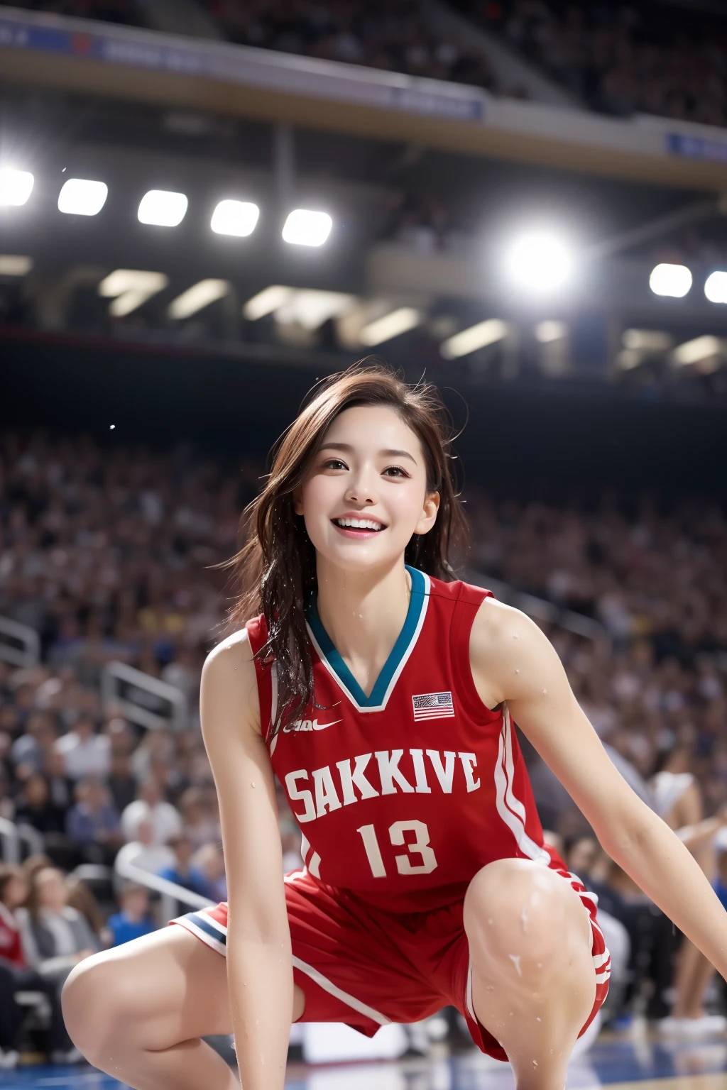 (Best Quality, 8k, 32k, Masterpiece, UHD:1.2), (1 slender woman of Japan, 28 years old, tall gravure model), Dark Brown Hair, Bright in the foreground, Professional Lighting, Photon Mapping, Radiosity, shading:1.3, (High Definition Skin:1.2), huge breasts:1.5, (shorts, Exposed Shoulder:1.1), squatting with legs open, ((Random Pose, provocative dynamic pose)), (she is wet), Top-Down View:1.5, (Basketball Uniform:1.1), Ultra Detailed Face, Detailed Lips, Detailed Eyes, Double Eyelids, Inside the Stadium, looking camera, (sensual gaze to the photographer, lips slightly open), BREAK Basketball stadium, Spectators get excited, confetti flies, Happy smile,
