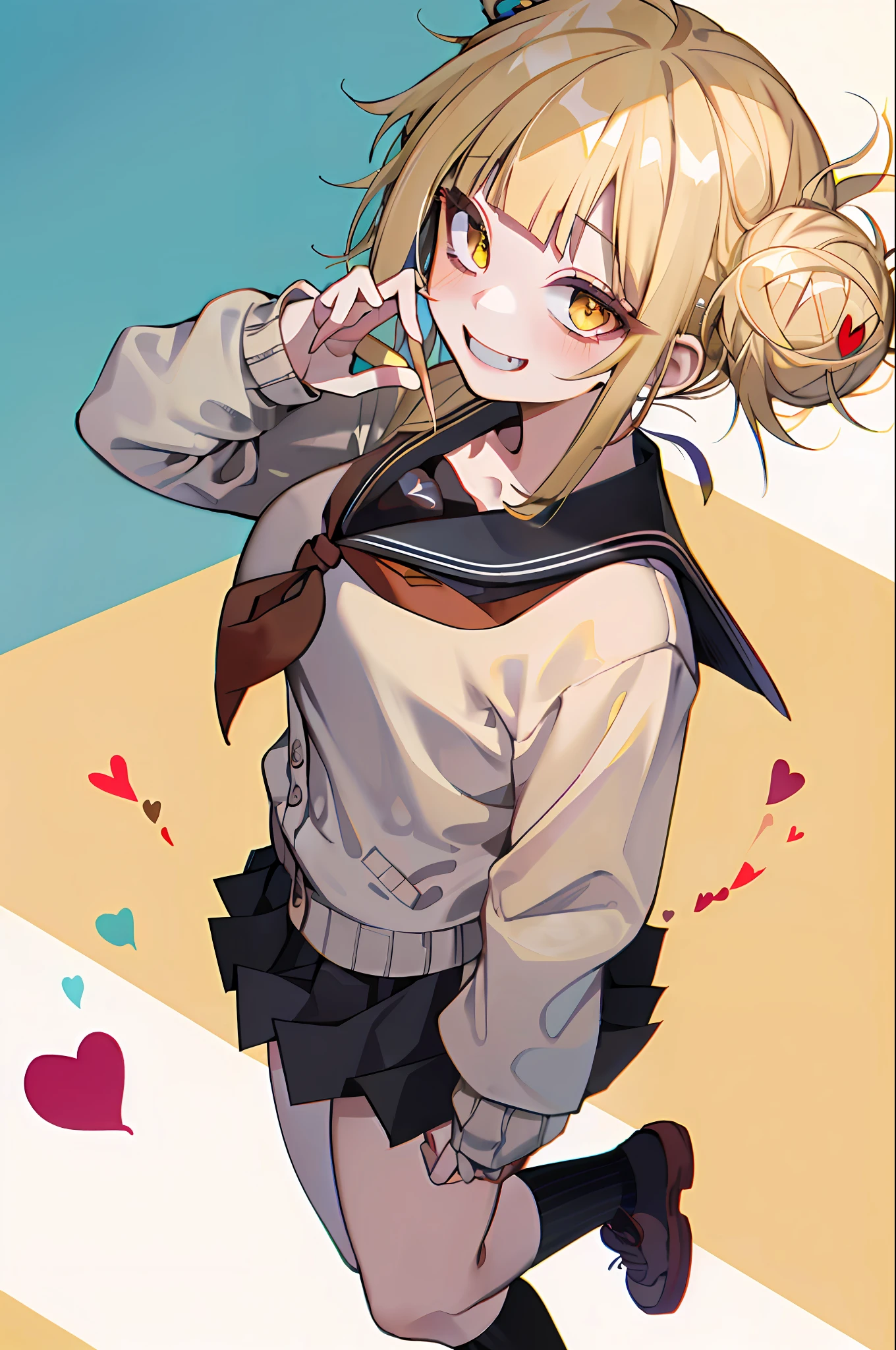 (masterpiece, best quality;1.3), ultra detailed, 1girl, solo, smile, gold hair,
miniskirt, yellow cardigan, long sleeves, sailor collar, red neckerchief, black kneehighs,micro mini skirt,  from above,
Himiko Toga, TOga, Himiko,    (heart_eyes_full), heart_eyes_inside